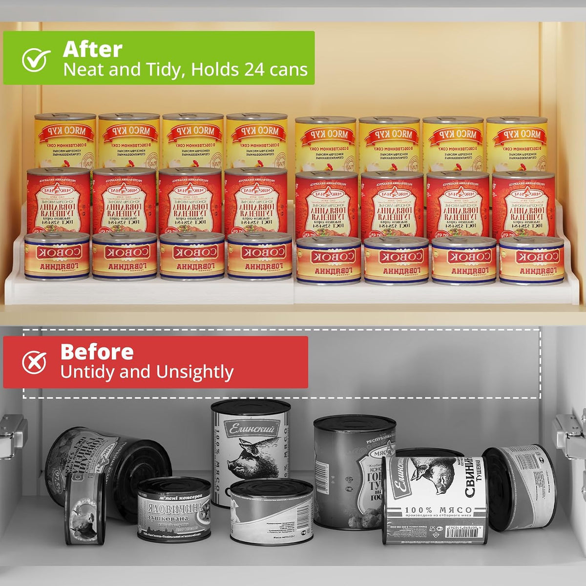 3-Tier Expandable Bamboo Can Organizer for Pantry, Holds 24 Cans, White | Adjustable Can Storage Rack for Kitchen