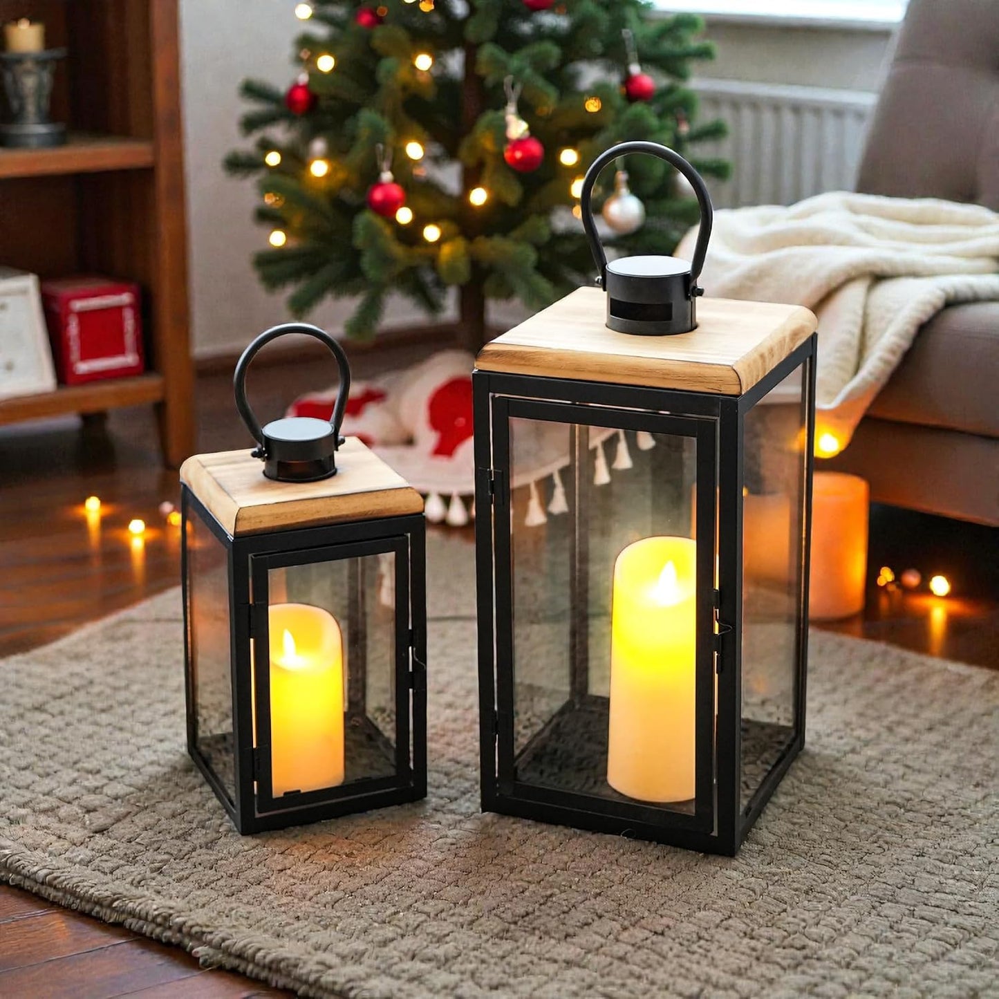 TRIROCKS Set of 2 Decorative Candle Lantern 16'' & 11'' High Metal Candle Holder Hanging Lantern Perfect for Home Decor