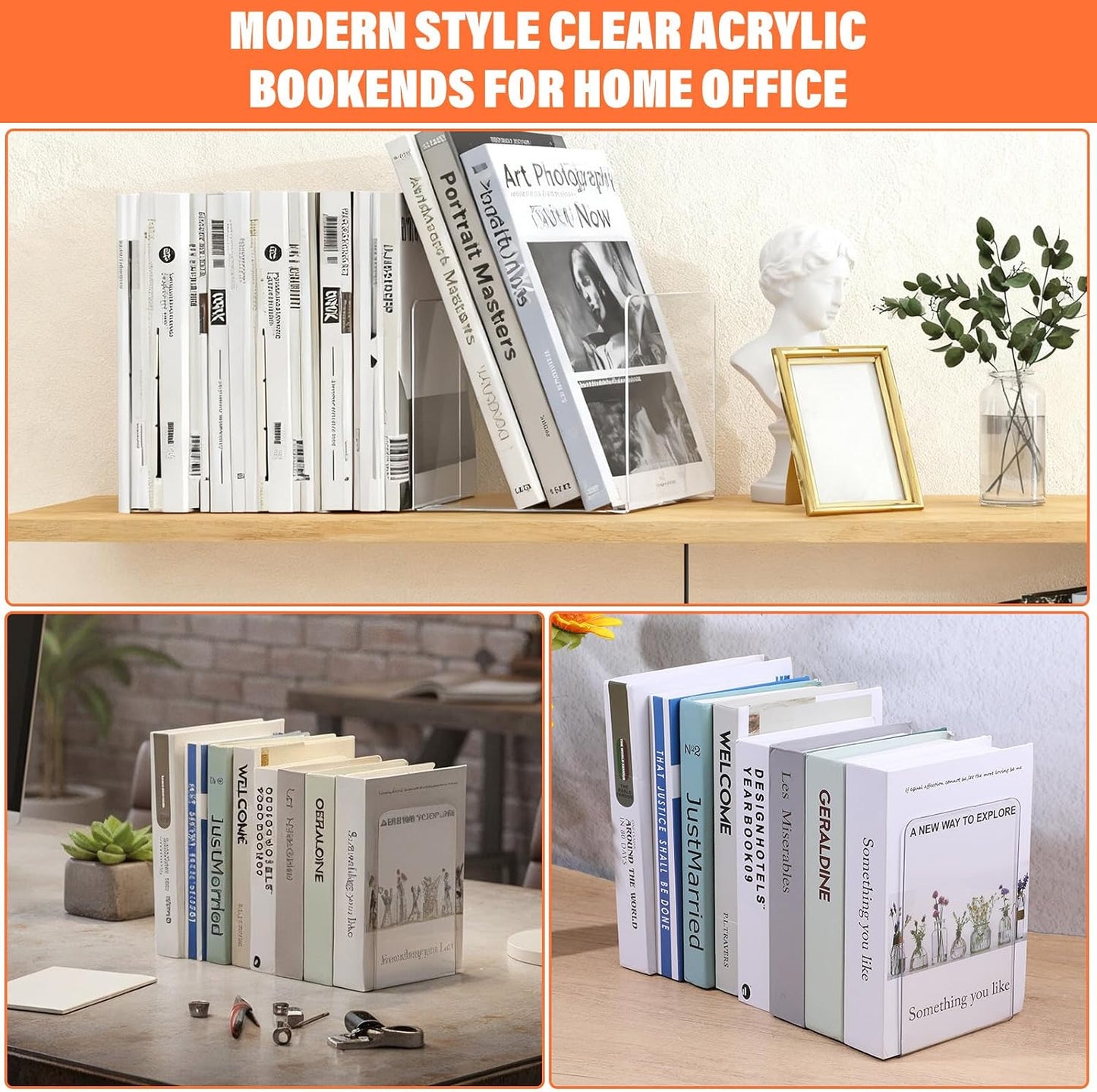 Acrylic Bookends / Invisible Book Organizer & Holder / Clear / Set of 16