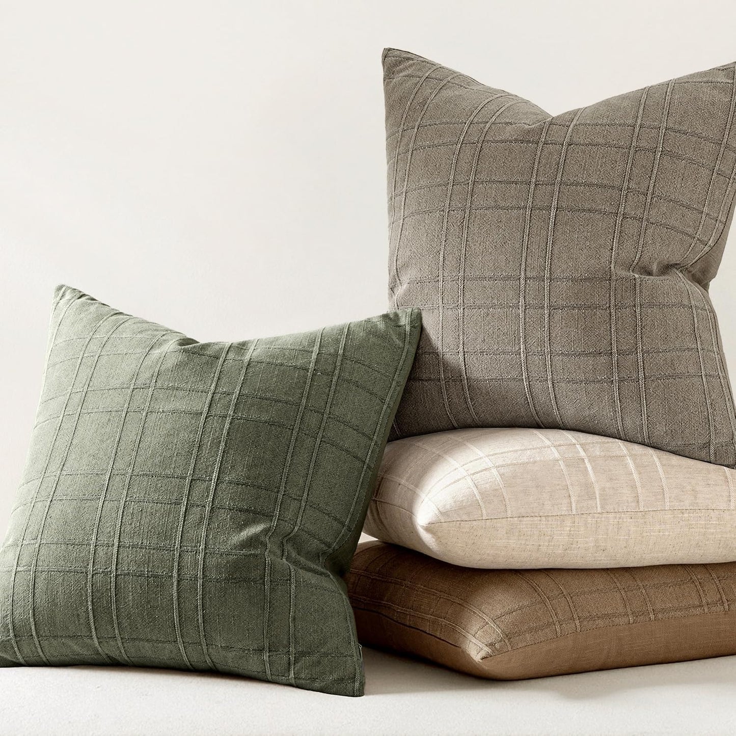 Decorative Linen Check Throw Pillow Covers Neutral Farmhouse / 18 x 18 / Olive Green / Set of 2