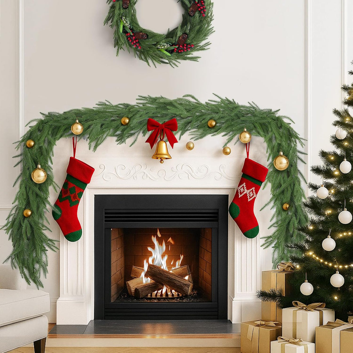 12FT(2 * 6FT) Christmas Norfolk Pine Garlands, Winter Decor Real Touch Pine Garland, Artificial Greenery Xmas Garland