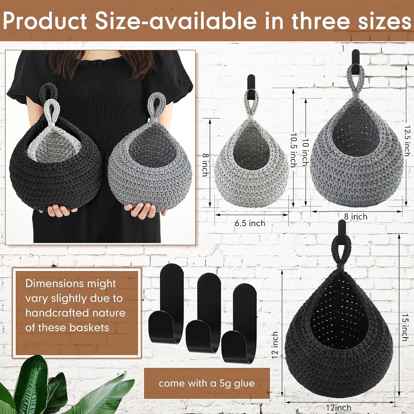 Boho Decor Hanging Wall Baskets / Light Grey, White, Dark Grey / Cotton Rope / Teardrop / Set of 3
