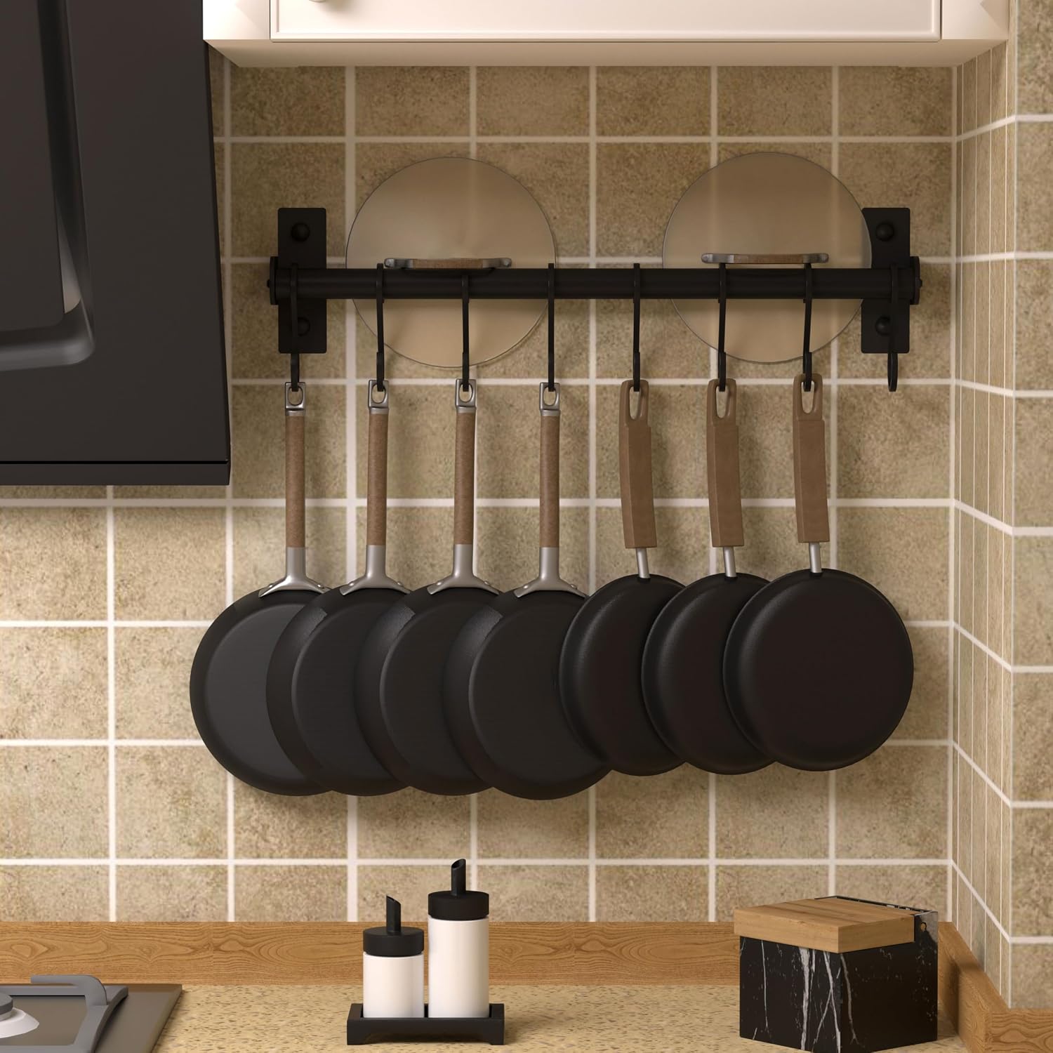 Kitchen Utensil Holder Hanger, Pot and Pan Rack Wall Mounted, Kitchen Rail with 8 Hooks for Hanging Cooking Utensils