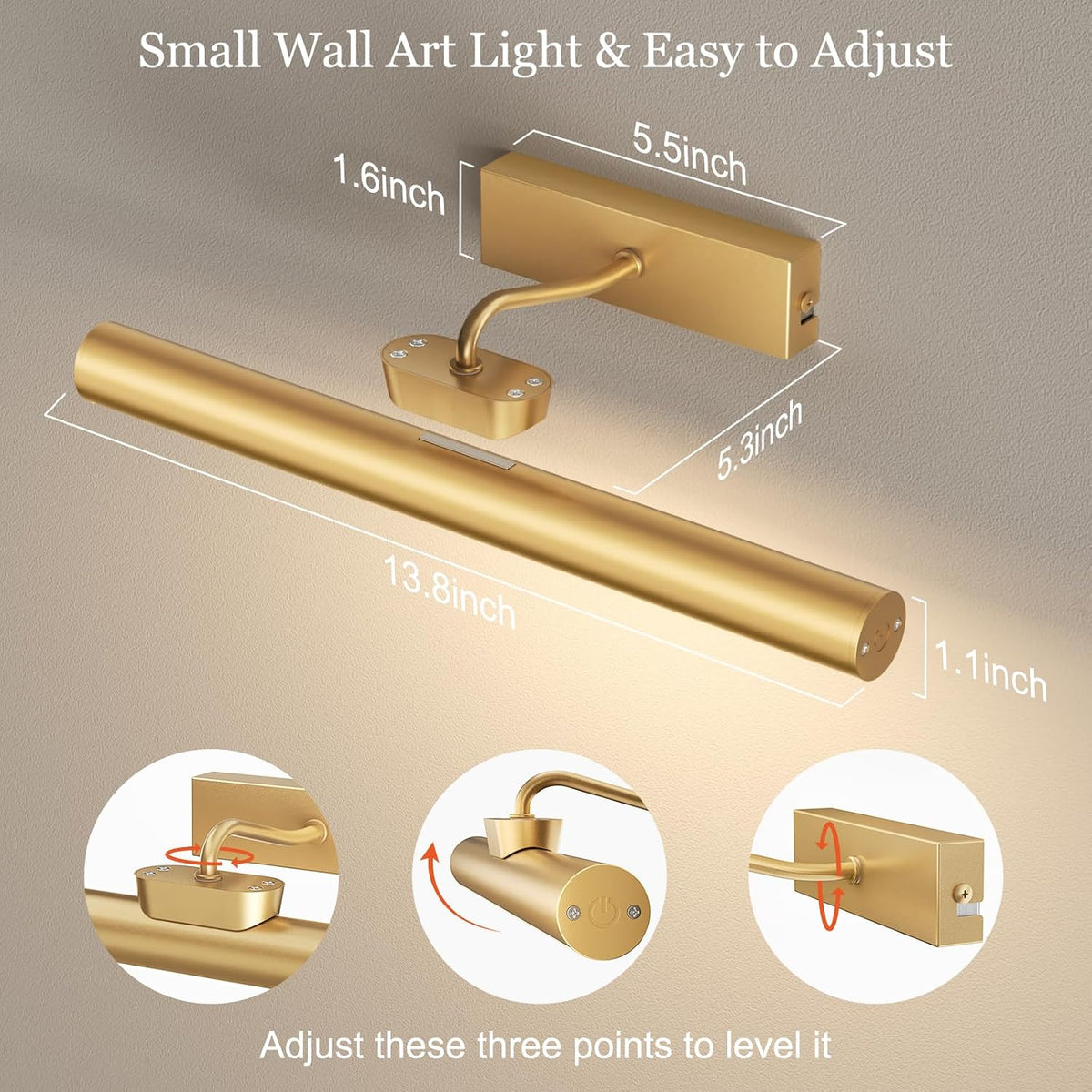 13.8" Cordless Picture Light for wall, Gold, 2 Pack | 4000mAh Rechargeable art lights, RF Remote, Magnetic Detachable