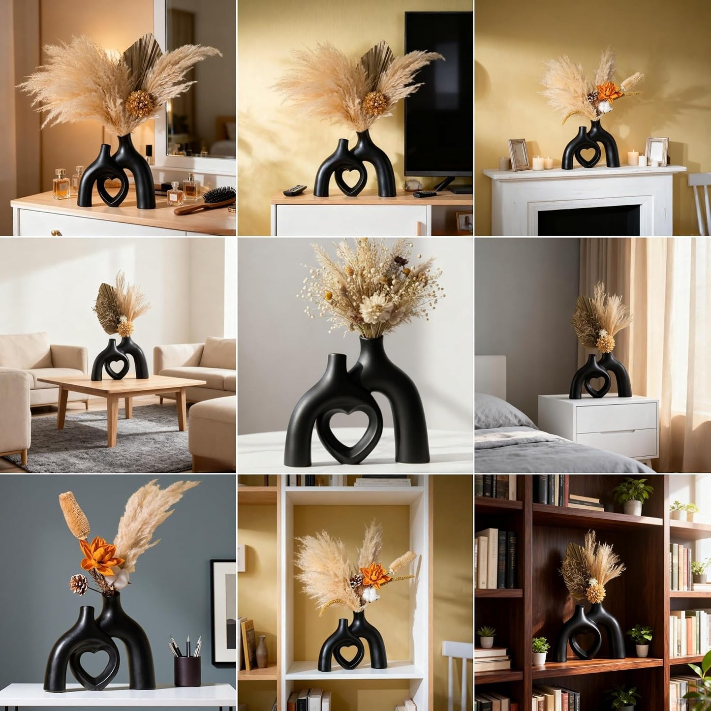 Hug Donut Ceramic Decorative Vase Set / Heart - Matte Black