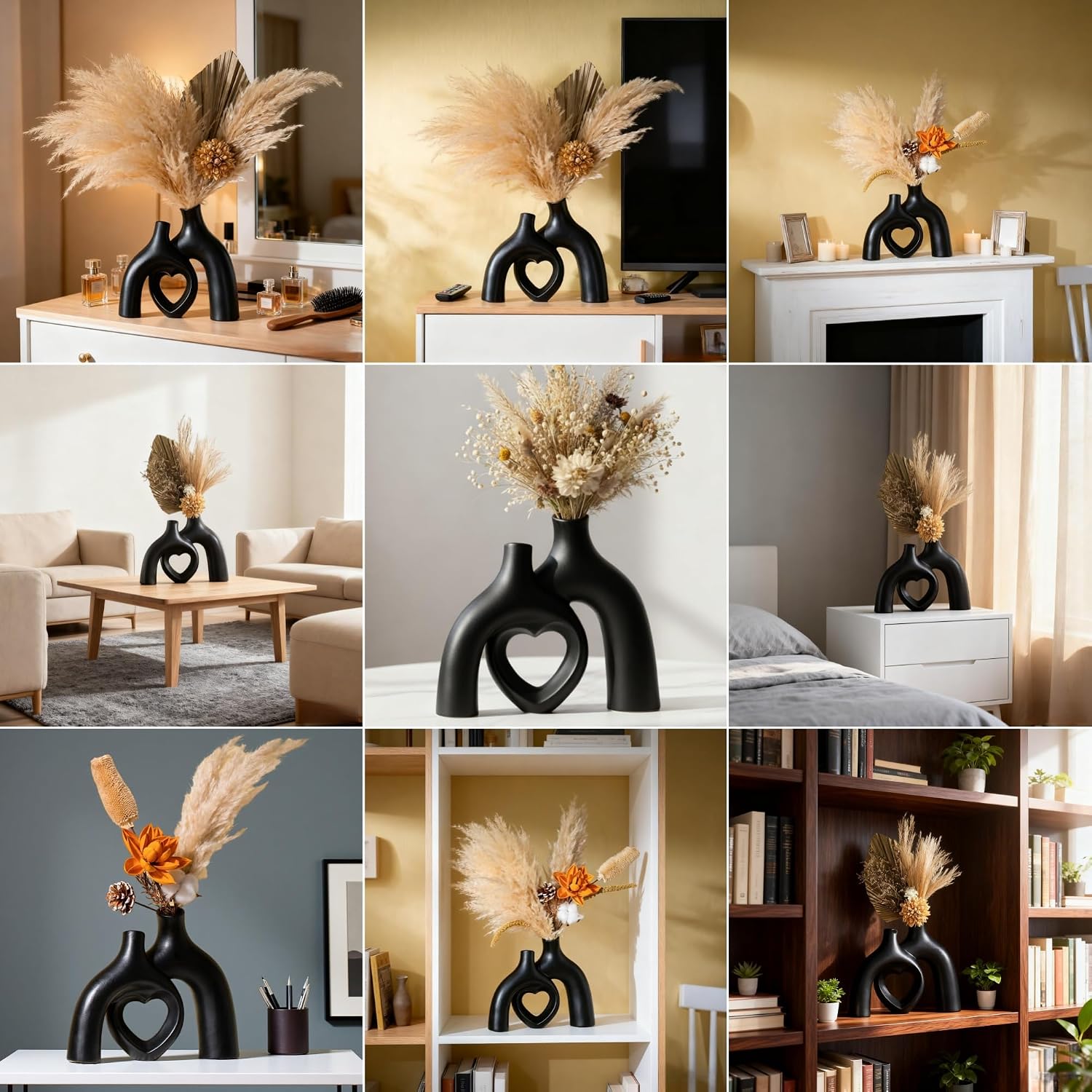 Hug Donut Ceramic Decorative Vase Set / Heart - Matte Black