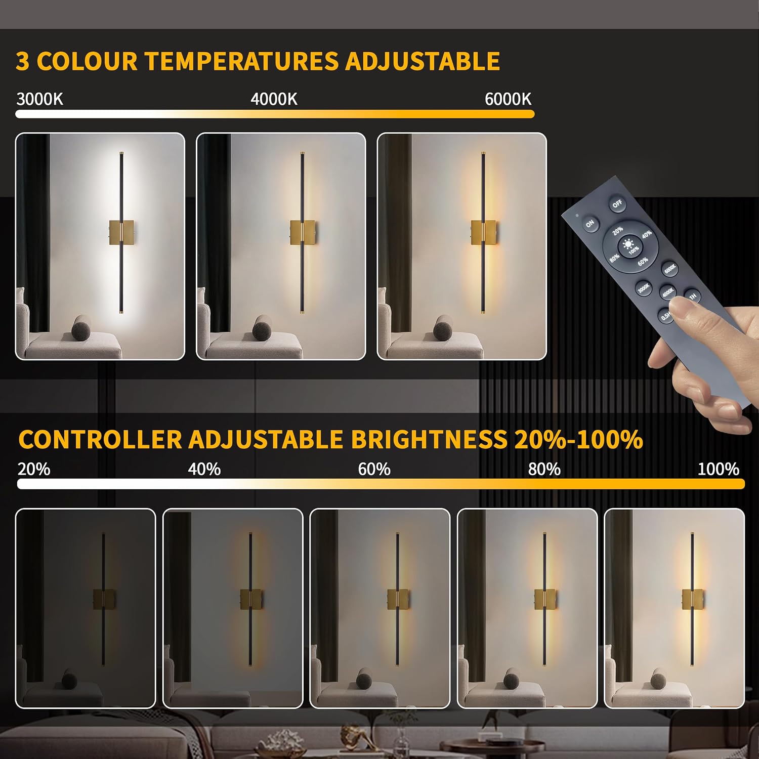 15800 mAh Battery Operated Wall Sconces with Remote Control Dimmable Wall Sconces Set of Two 3000K LED Brass Gold and