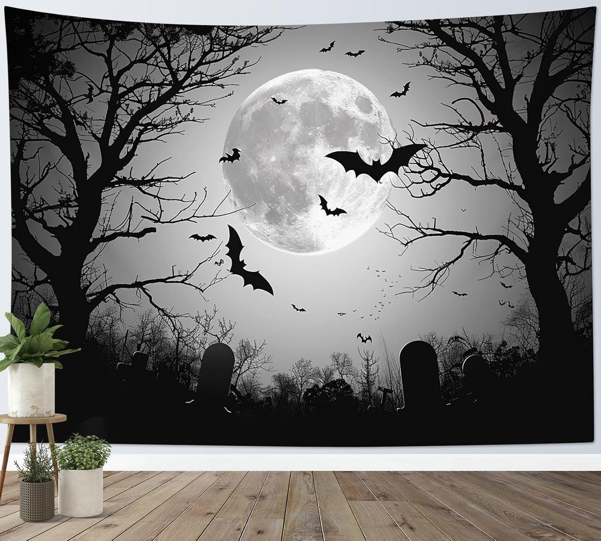 LB Horror Halloween Tapestry for Bedroom Black Bat Grey Full Moon Wall Tapestry Dead Tree and Tomb at Graveyard Wall Hanging Tapestries for Living Room College Dorm Wall Decor,92Wx70.5H inches