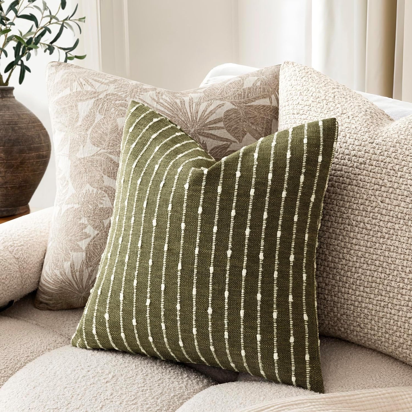Decorative Jacquard Boucle Throw Pillow Covers Accent Textured / 18 x 18 / Olive Green / Set of 2