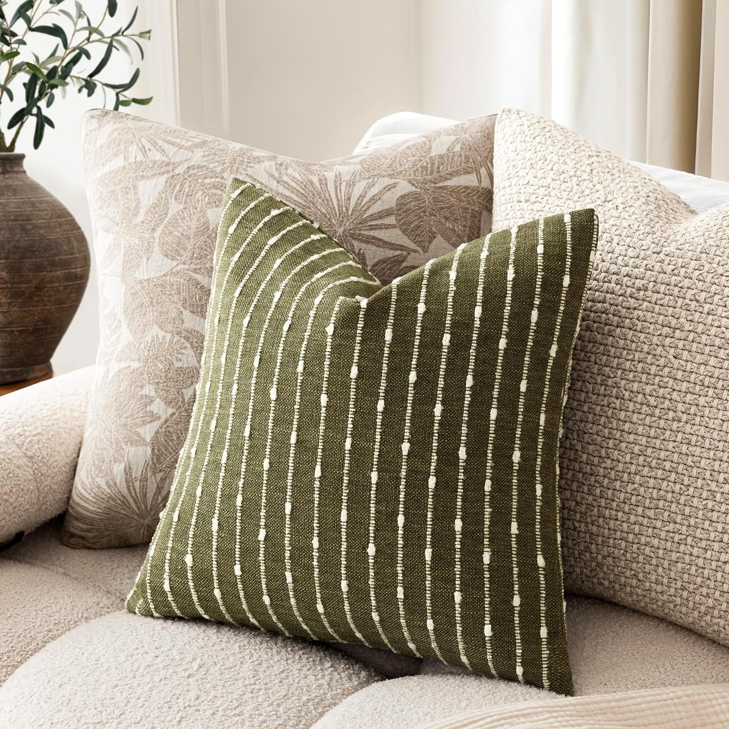 Decorative Jacquard Boucle Throw Pillow Covers Accent Textured / 18 x 18 / Olive Green / Set of 2