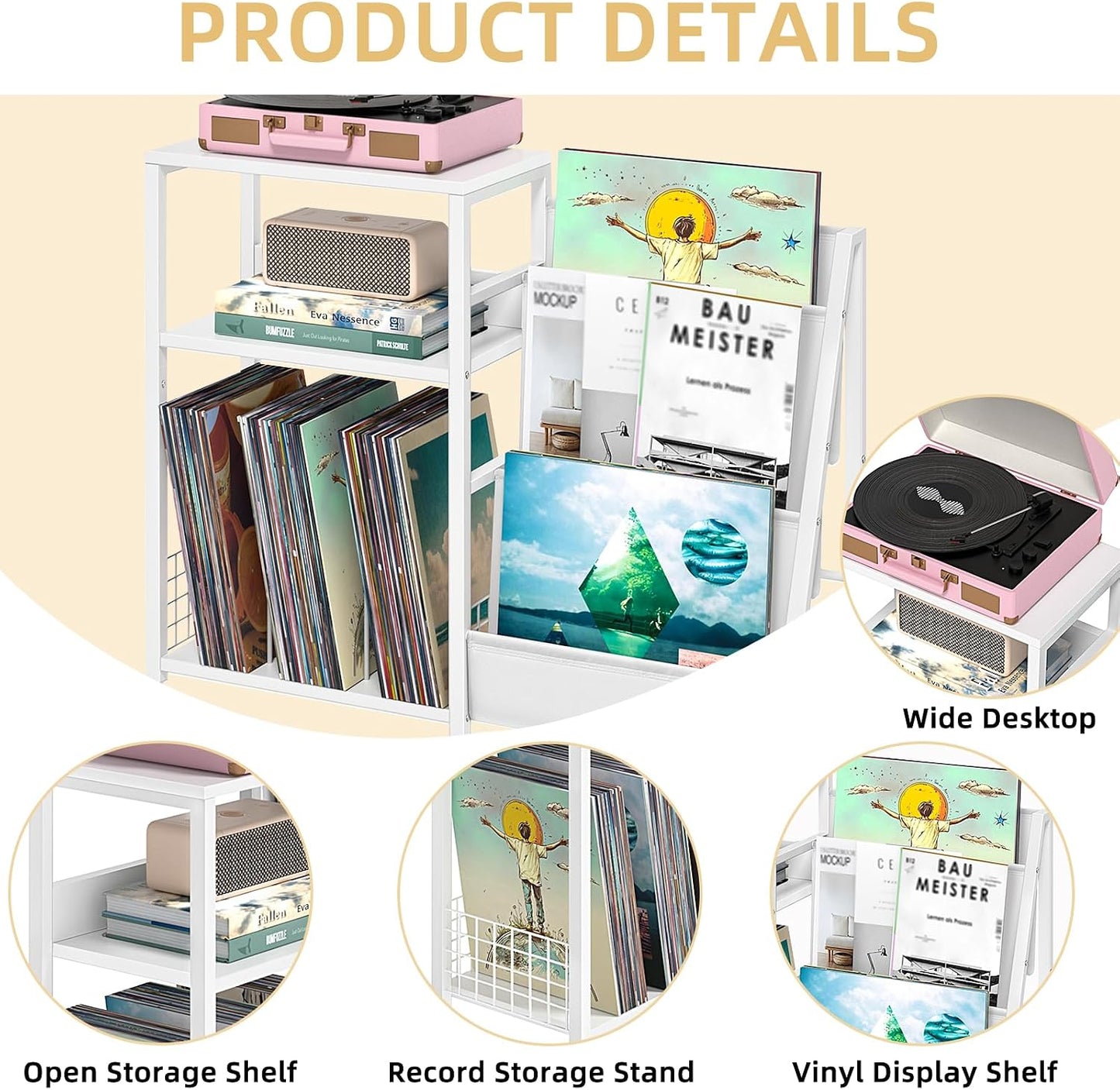 Record Player Table,Turntable Shelf with Vinyl Storage Up to 150 Albums,White Side Table with 3 Tier Magazine