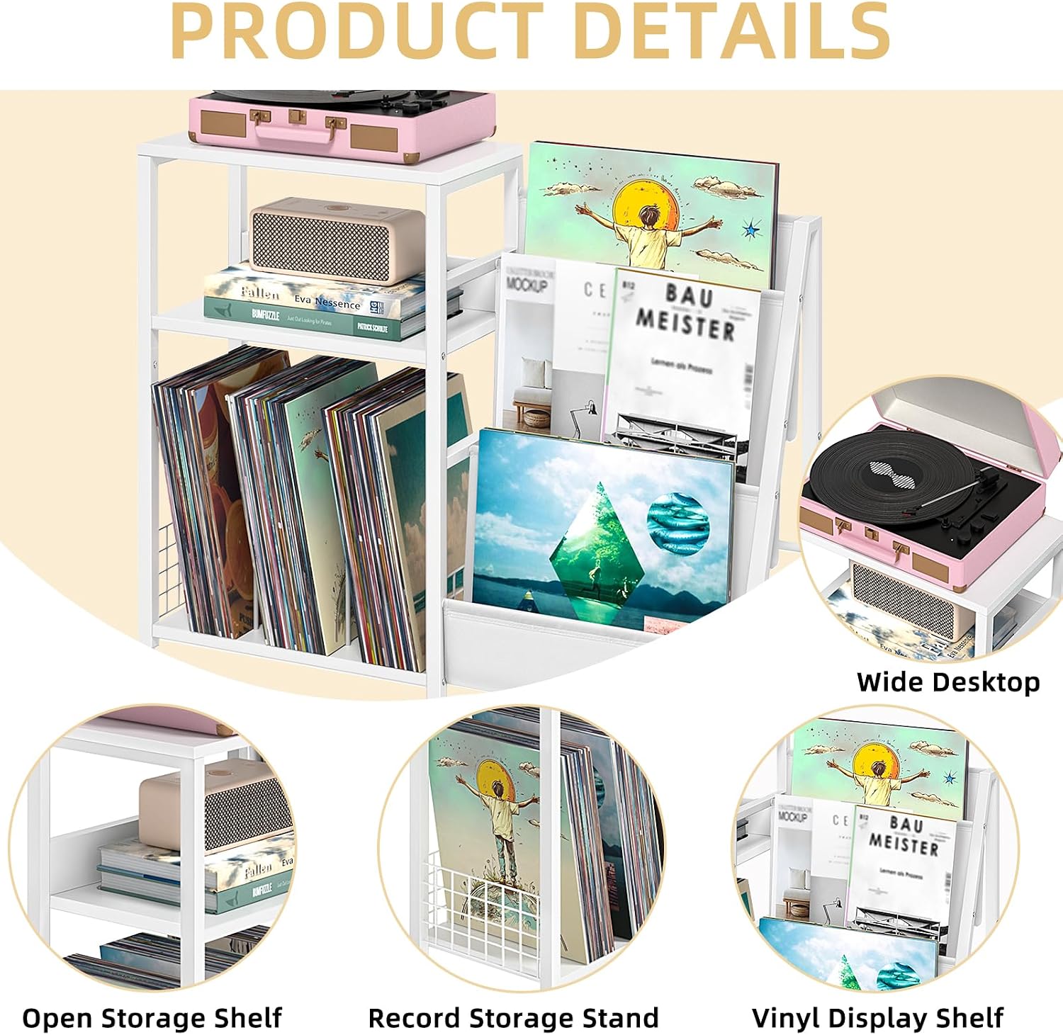 Record Player Table,Turntable Shelf with Vinyl Storage Up to 150 Albums,White Side Table with 3 Tier Magazine