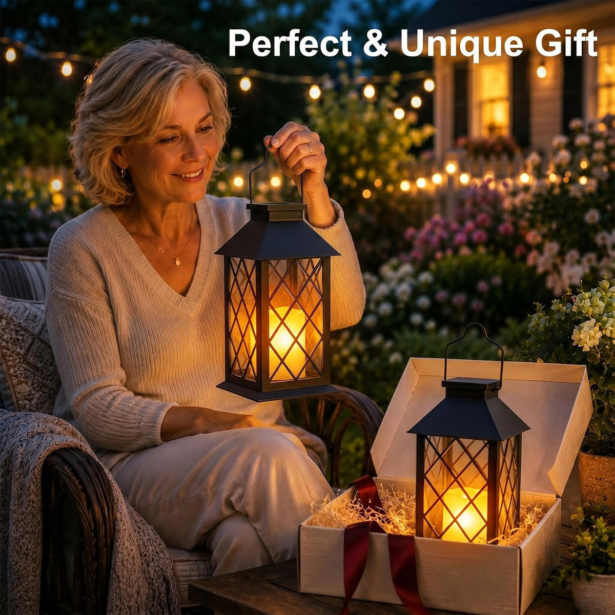 Black Outdoor Solar Lanterns, 14'' Large Solar Lanterns Outdoor Waterproof | Tempered Glass Outdoor Lanterns with