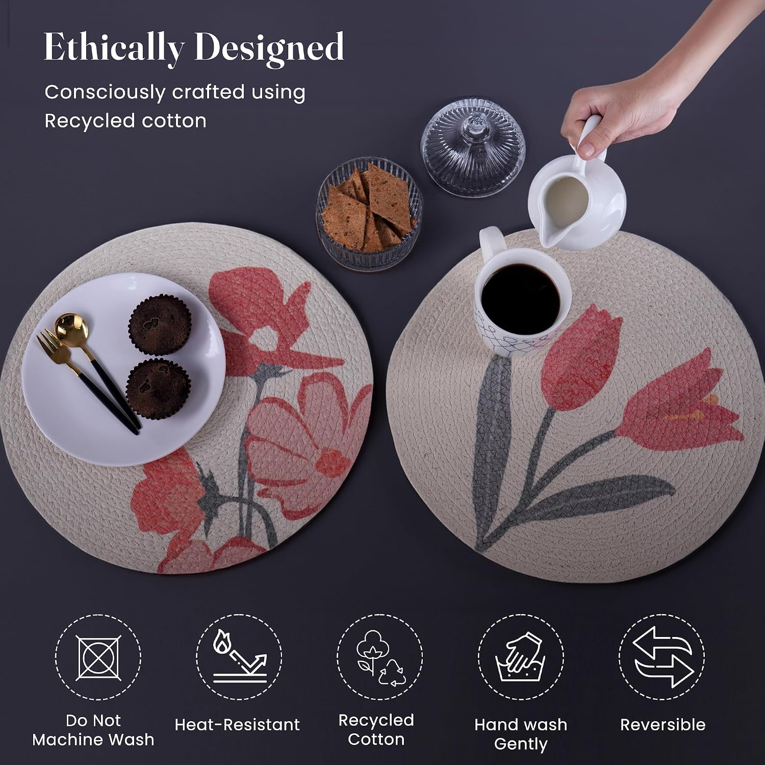The Fine Living Braided Cotton Placemats, Round Table Mats, Set of 6,13.5" | Washable Anti-Slip Heat Resistant Braided