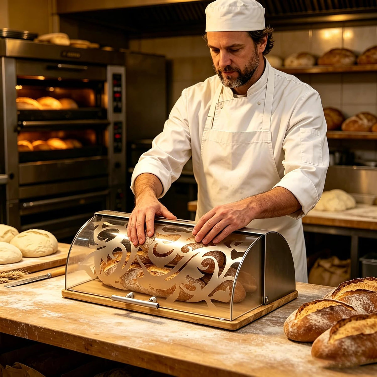Bread Box for Kitchen Countertop, Modern Stainless Steel Roll-Top M | Clear Acrylic Viewing Door with Frosted Pattern