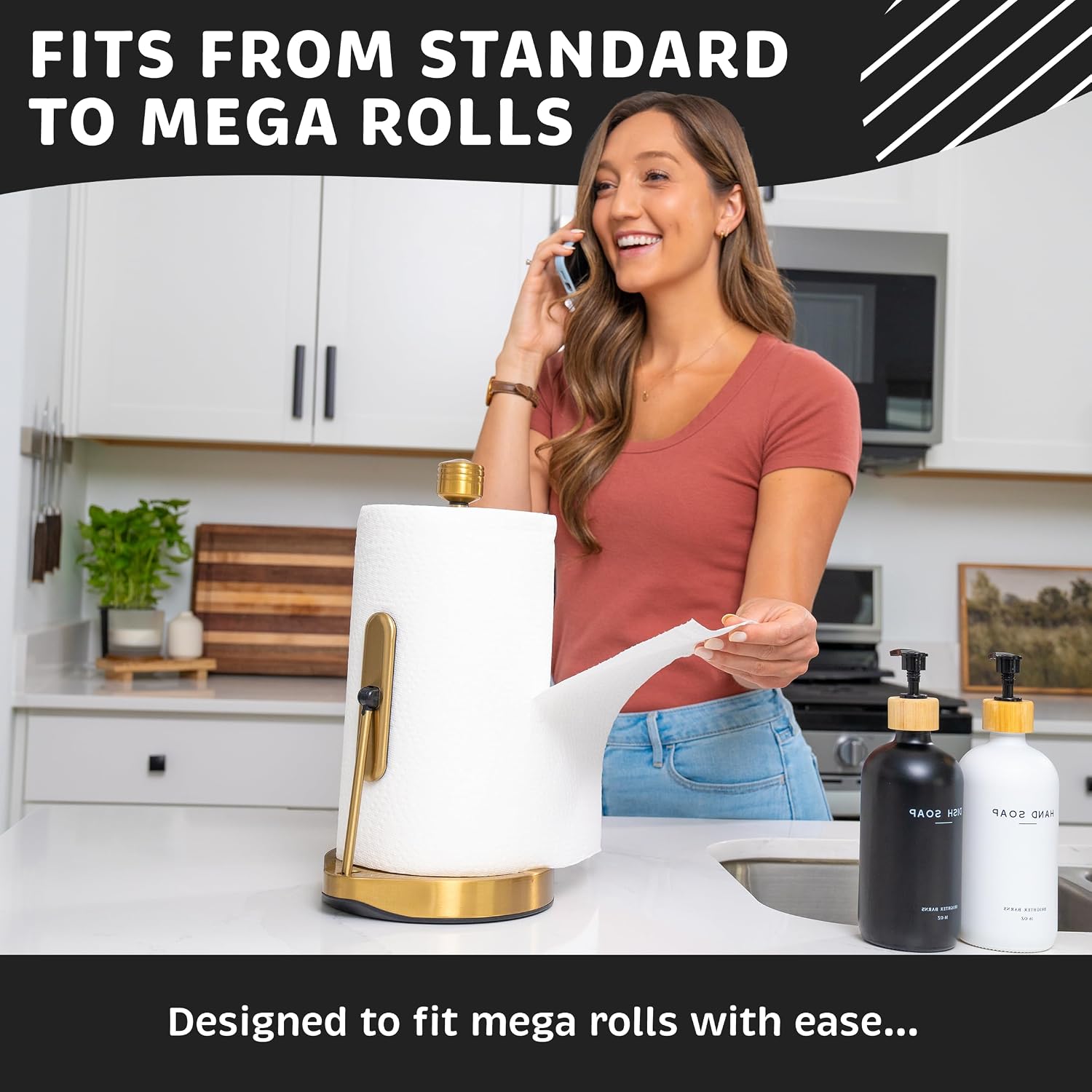 Stainless Steel Tension Arm Paper Towel Holder - Easy One-Handed Operation - This Sturdy Weighted Paper Towel Dispenser