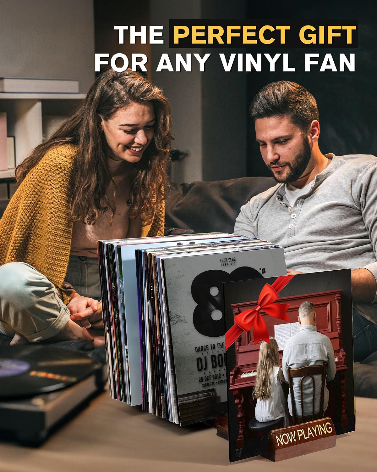 Now Playing Vinyl Record Holder, Holds 30-70 LPs, Expandable | Gift Packaging, Now Playing Groove, Wood & Steel Build