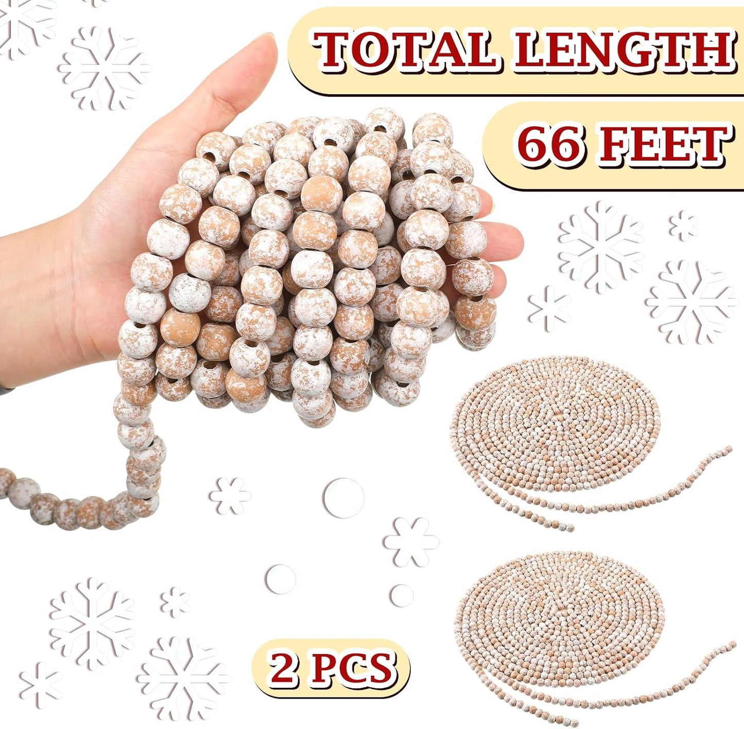 Giegxin 2 Pcs Wood Bead Garland 66 Feet Rustic White Farmhouse Christmas | Rustic Wooden Beaded Garland for Tree Tier