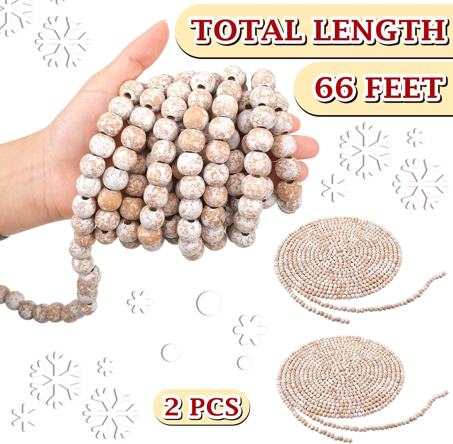 Giegxin 2 Pcs Wood Bead Garland 66 Feet Rustic White Farmhouse Christmas | Rustic Wooden Beaded Garland for Tree Tier