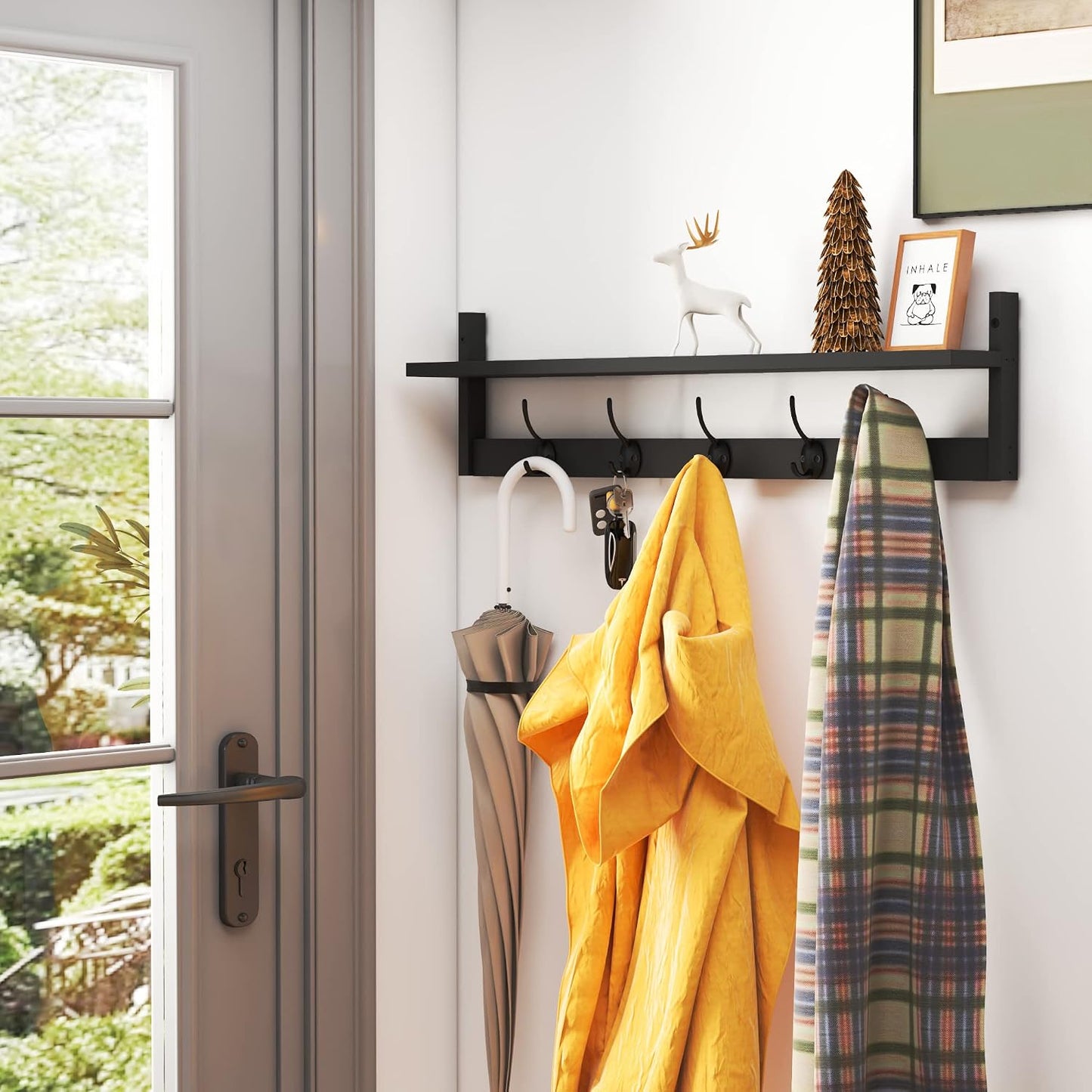 AMBIRD Wall Hooks with Shelf Entryway Hanging Wood Coat Hooks with Shelf Wall-Mounted Coat Hook Rack with 5 Dual Hooks