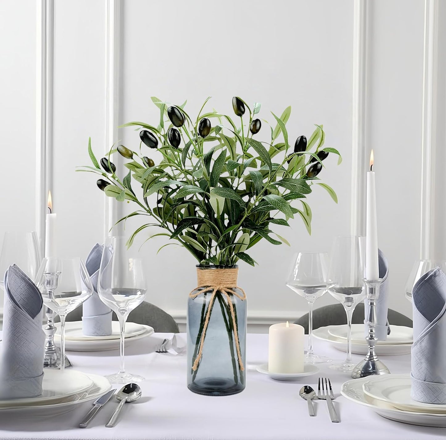 Olive Branches Faux Eucalyptus Stems / Gray Vase