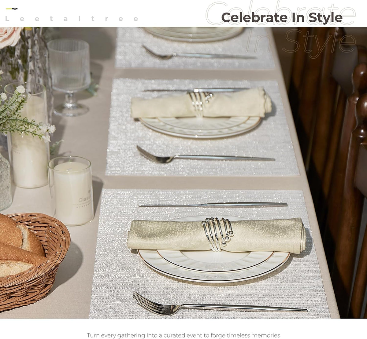 Leetaltree Woven Vinyl Placemats Set of 12,White and Silver | High Density，Stain Resistant, Easy to Clean, Washable