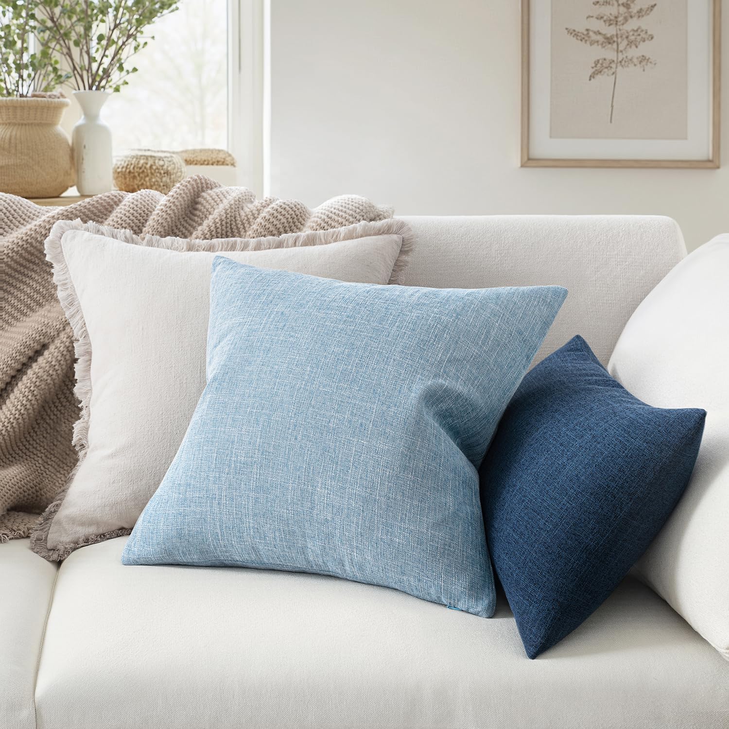 Decorative Linen Burlap Textured Pillow Covers Farmhouse Boho / 18 x 18 / Light Blue / Set of 2