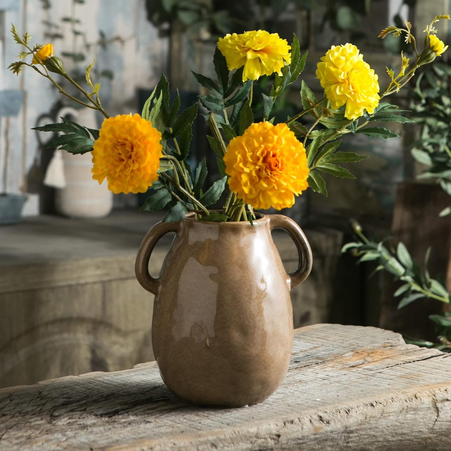Brown Ceramic Vase / Double Handle - Brown