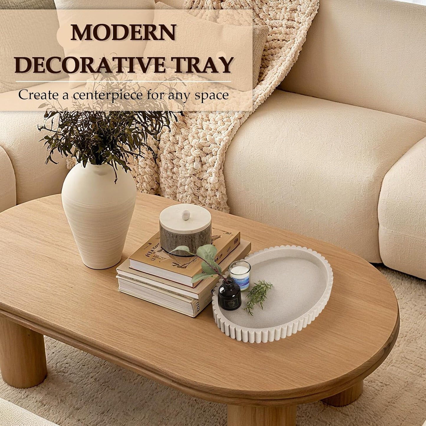 Oval Tray / 13" Resin Coffee Table Trays / Beige Resin / 13 x 9.5 x 1.5
