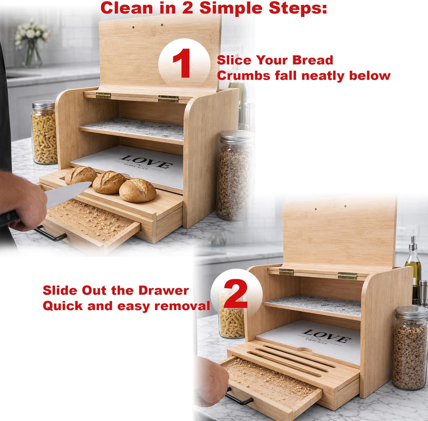 KNIFEPLANET Premium FULLY ASSEMBLED Bamboo Bread Box – Extra Large Real Wood Bread Box for Kitchen Countertop Storage
