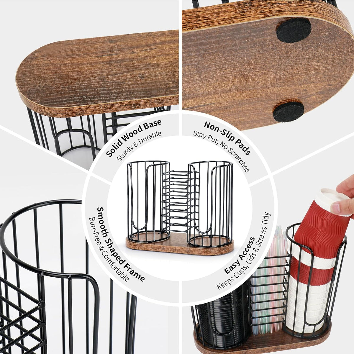 Coffee Cup Holder, 3-in-1 Disposable Cup, Straw & Lid Organizer | Paper Cup Dispenser Rack with Wooden Base, Dispenser