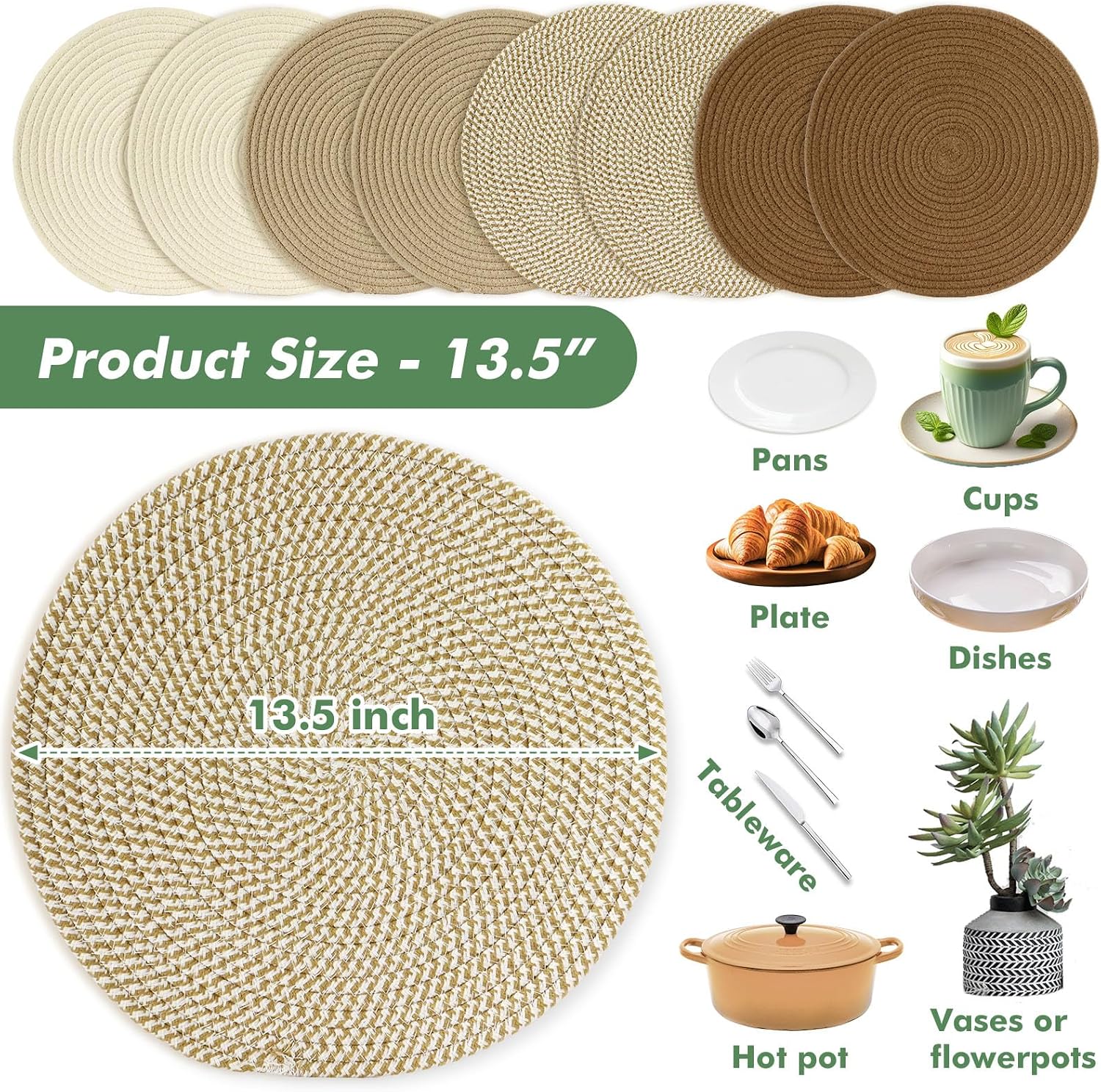 Round Woven Placemats Set of 8 Heat Resistant Placemats 13.5 Inches Farmhouse Cotton Rope Place Mats for Dining Tables