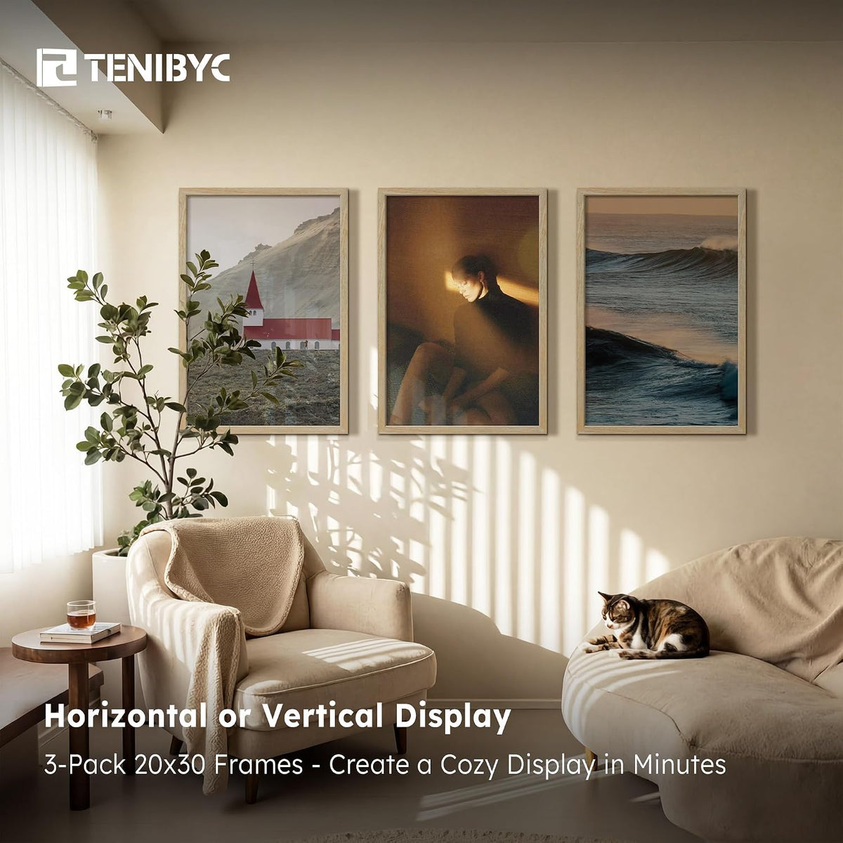 20x30 Poster Frame, Natural Wood, 3 Pack, Wall Hanging for Picture | Thick Polished Plexiglass, Large Movie Poster
