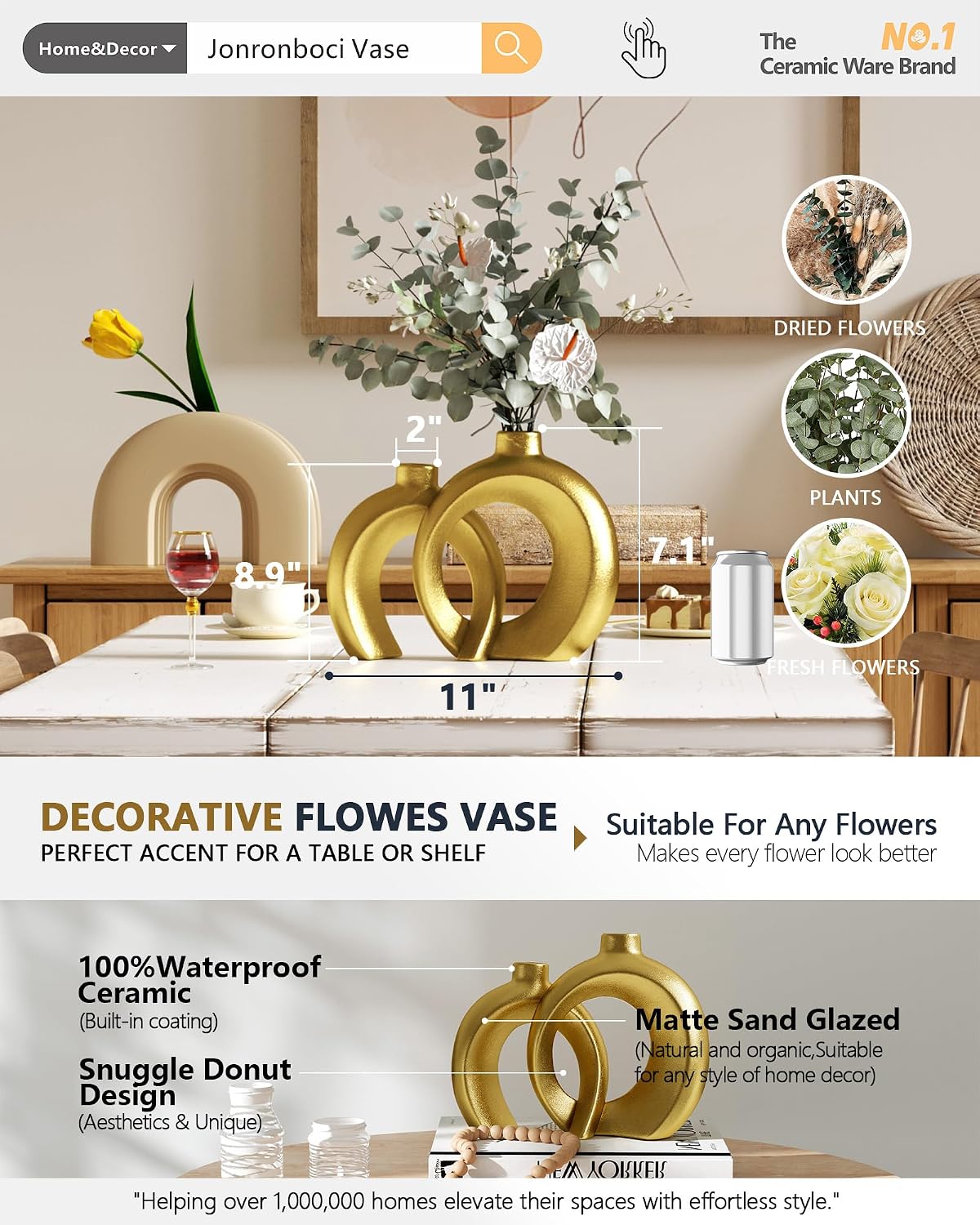Gold Ceramic Vases / Matte Gold / Set of 2