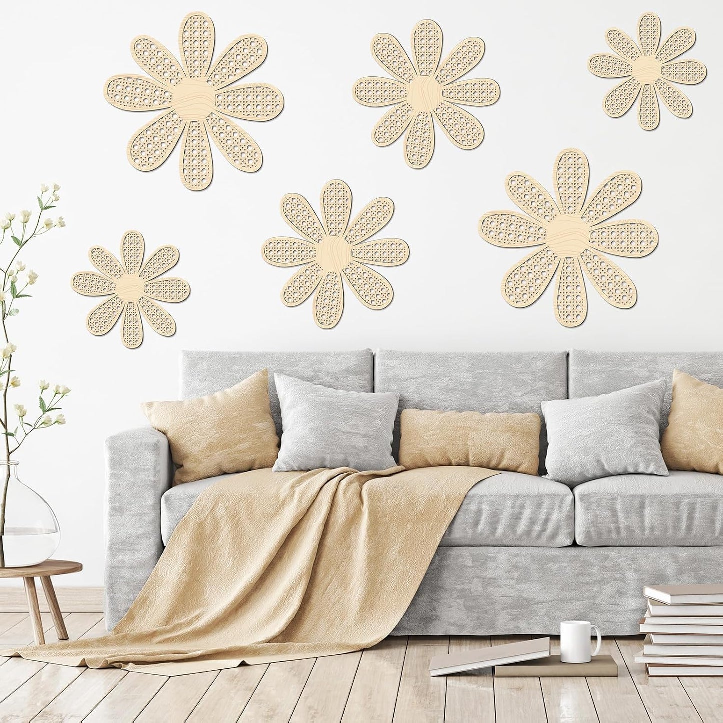 Boho Daisy Wall Decor Rattan Flower Wall Hanging Art Wooden Boho Art Nursery / Natural / Set of 6