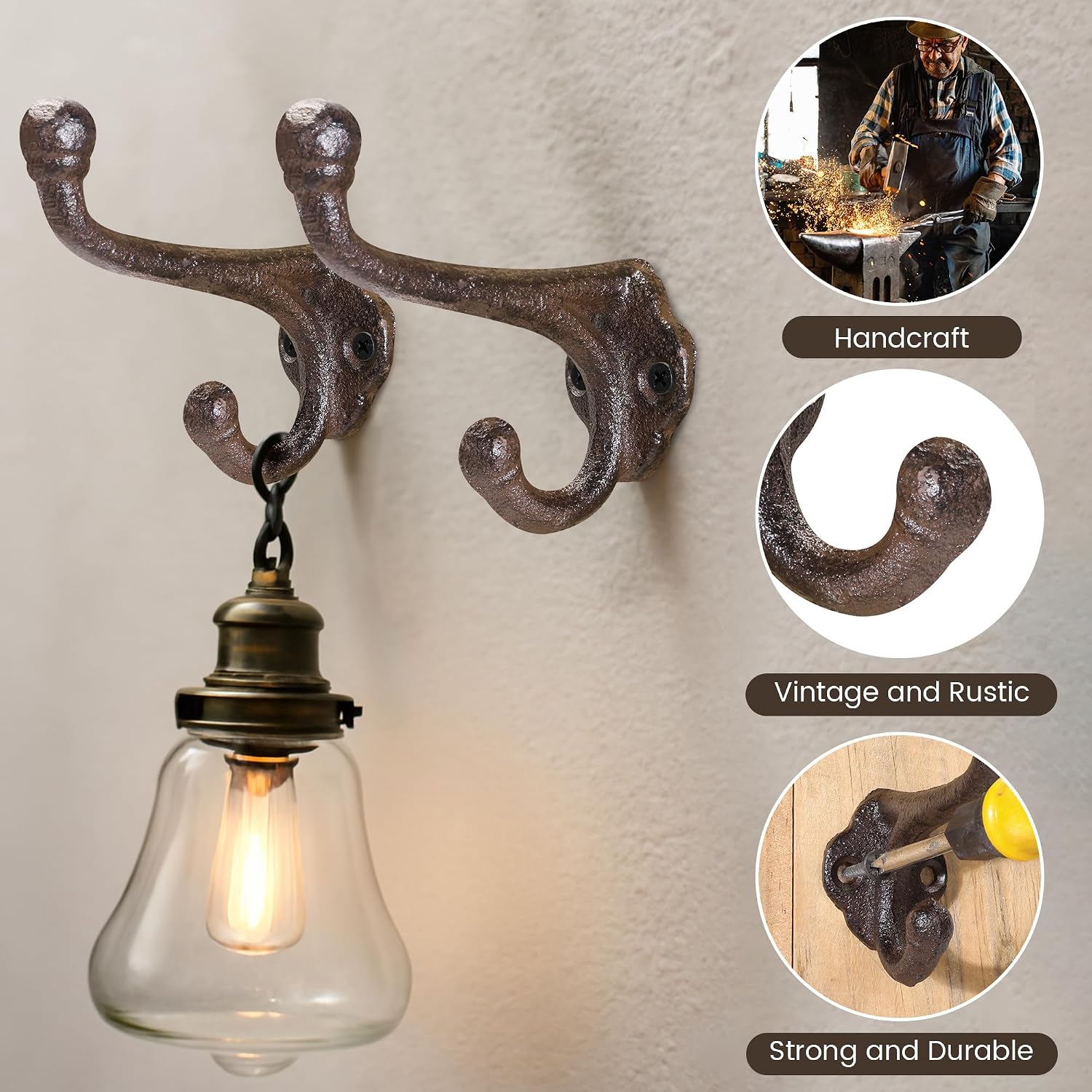 Rustic Cast Iron Coat Hooks Wall Mounted / Brown / Set of 5