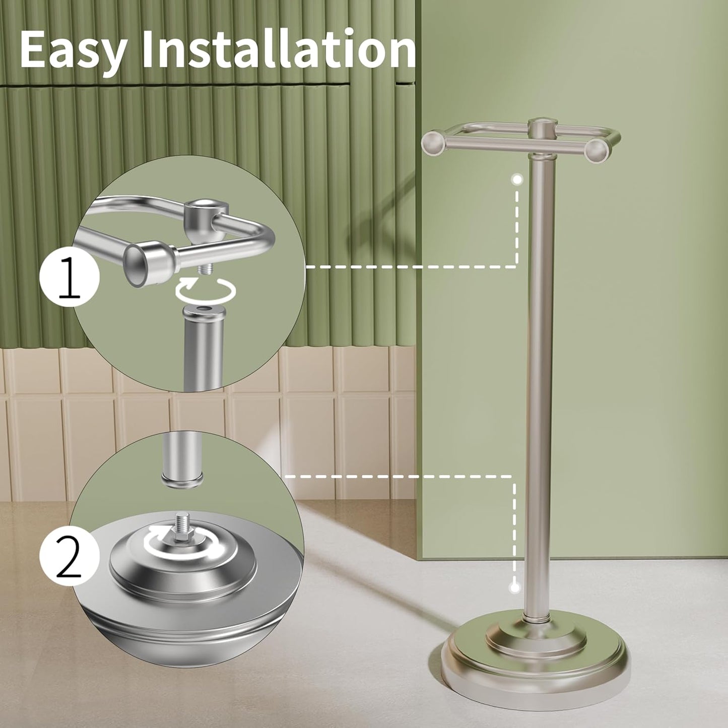 Toilet Paper Holder Stand, Brushed Nickel Toilet Paper Holder Free Standing,Post Pivoting Design & Stable Weighted Base