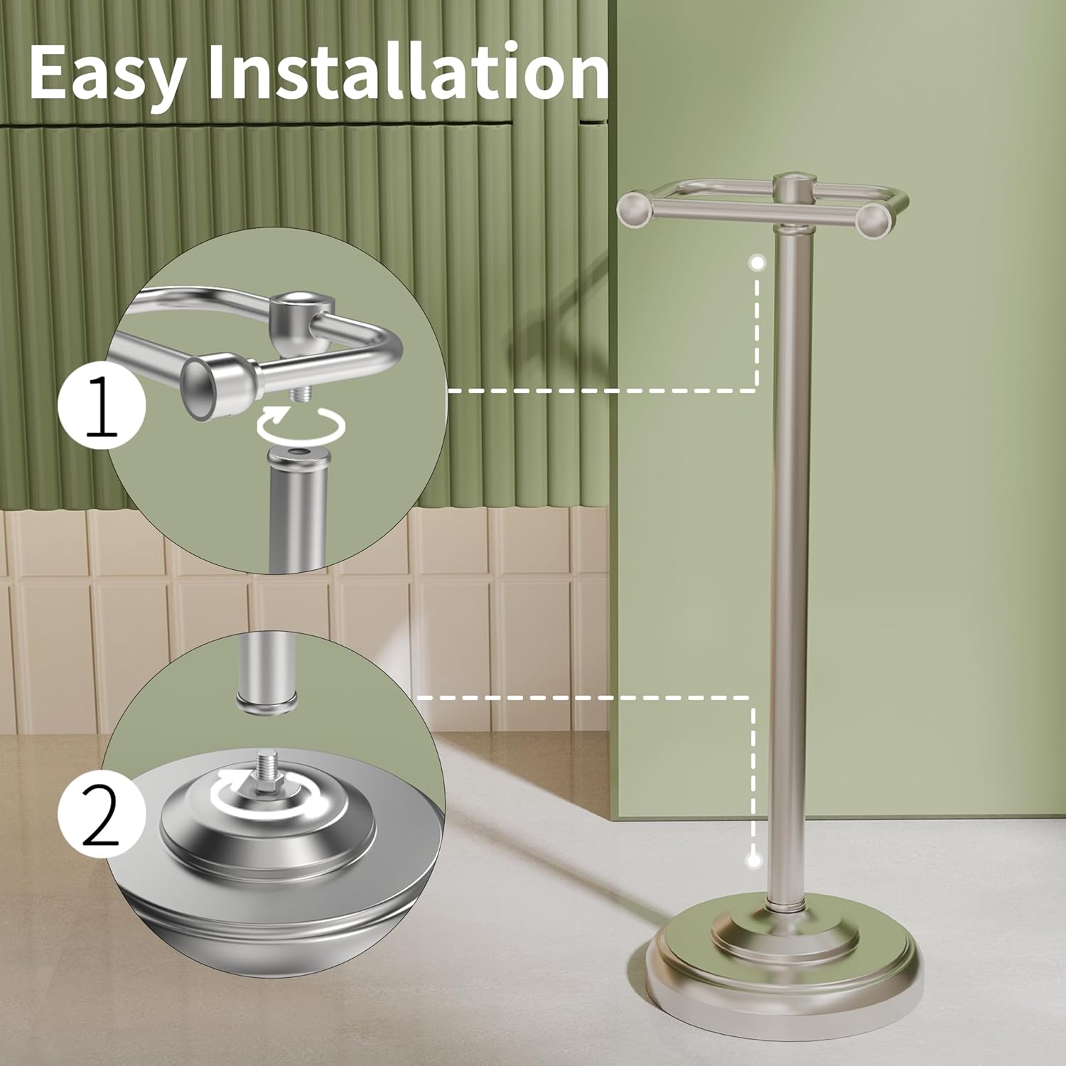 Toilet Paper Holder Stand, Brushed Nickel Toilet Paper Holder Free Standing,Post Pivoting Design & Stable Weighted Base
