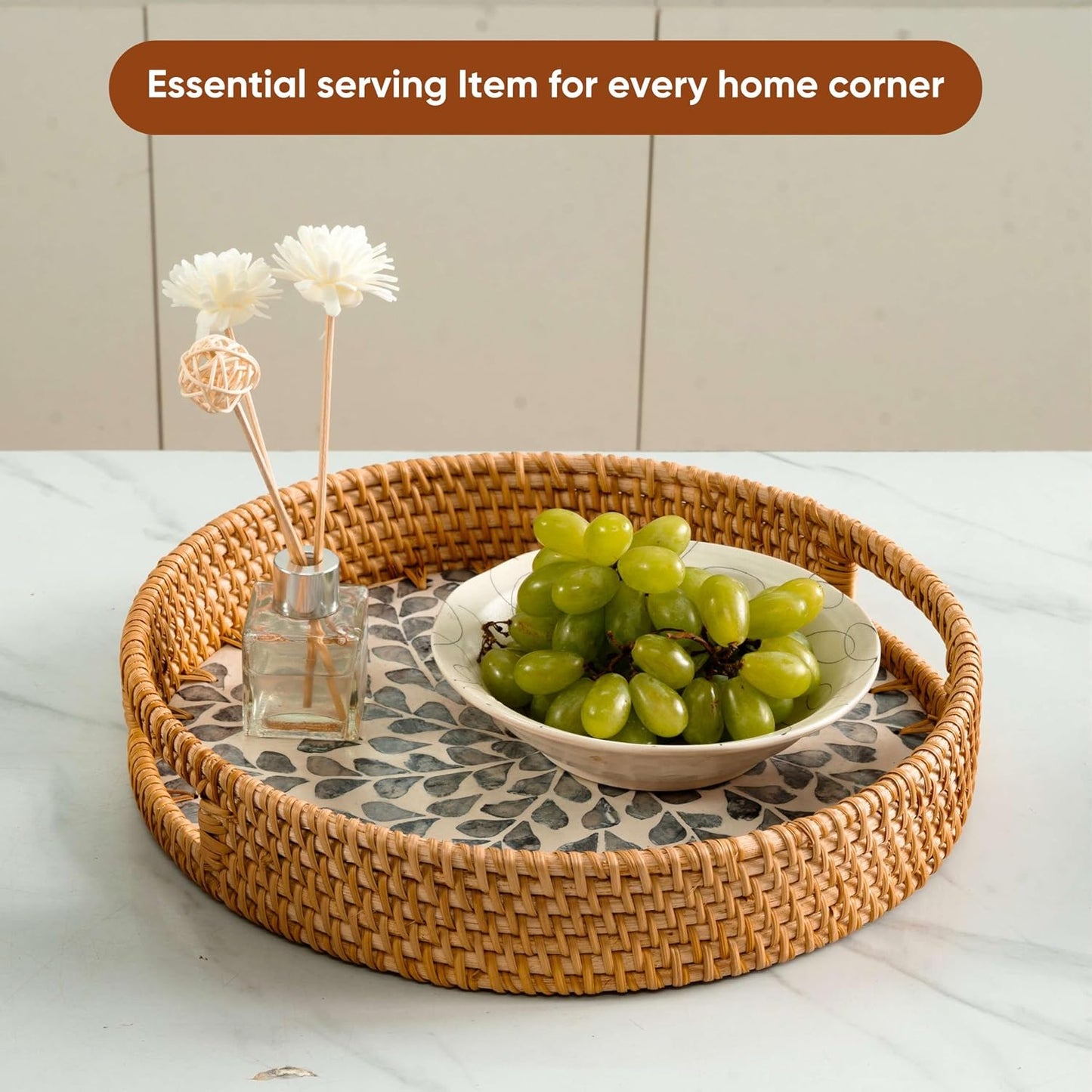 Round Rattan Tray / White- Black Leaves