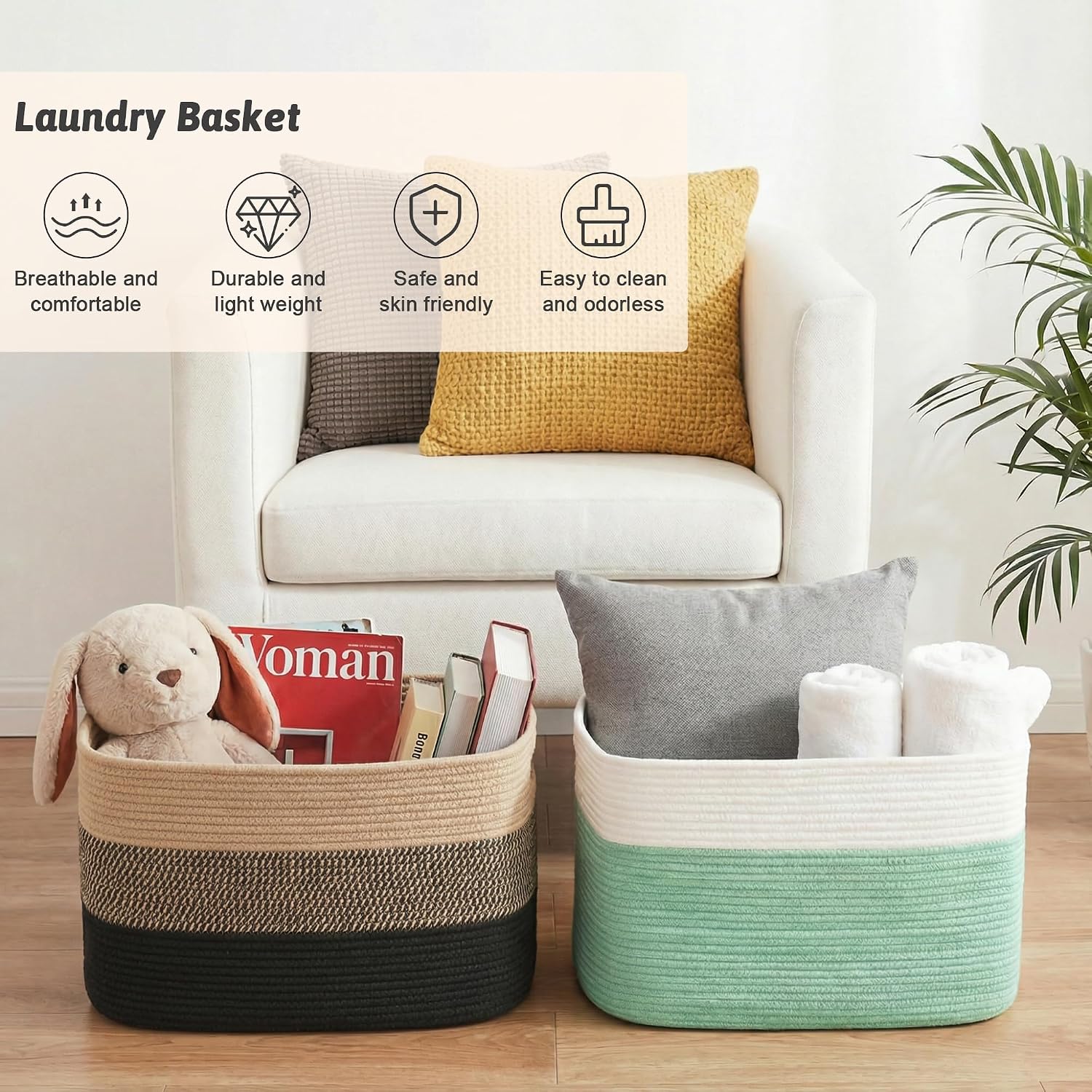 Rectangle Woven Baskets for Storage / Black&jute / 65L