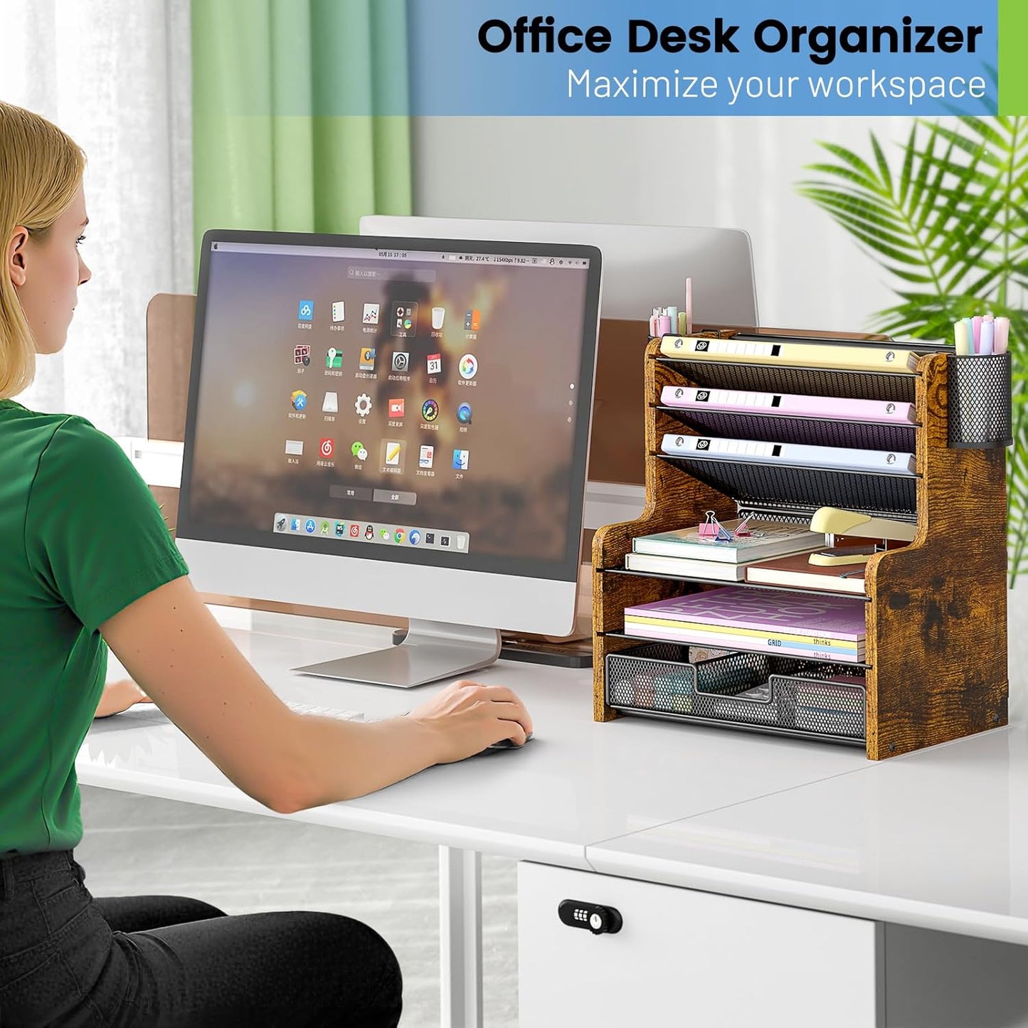 DAOUTIME 6-Tier Mesh Desk Organizer with Drawer, Wooden Office Organizer for Papers, Folders & Office Supplies - Sturdy