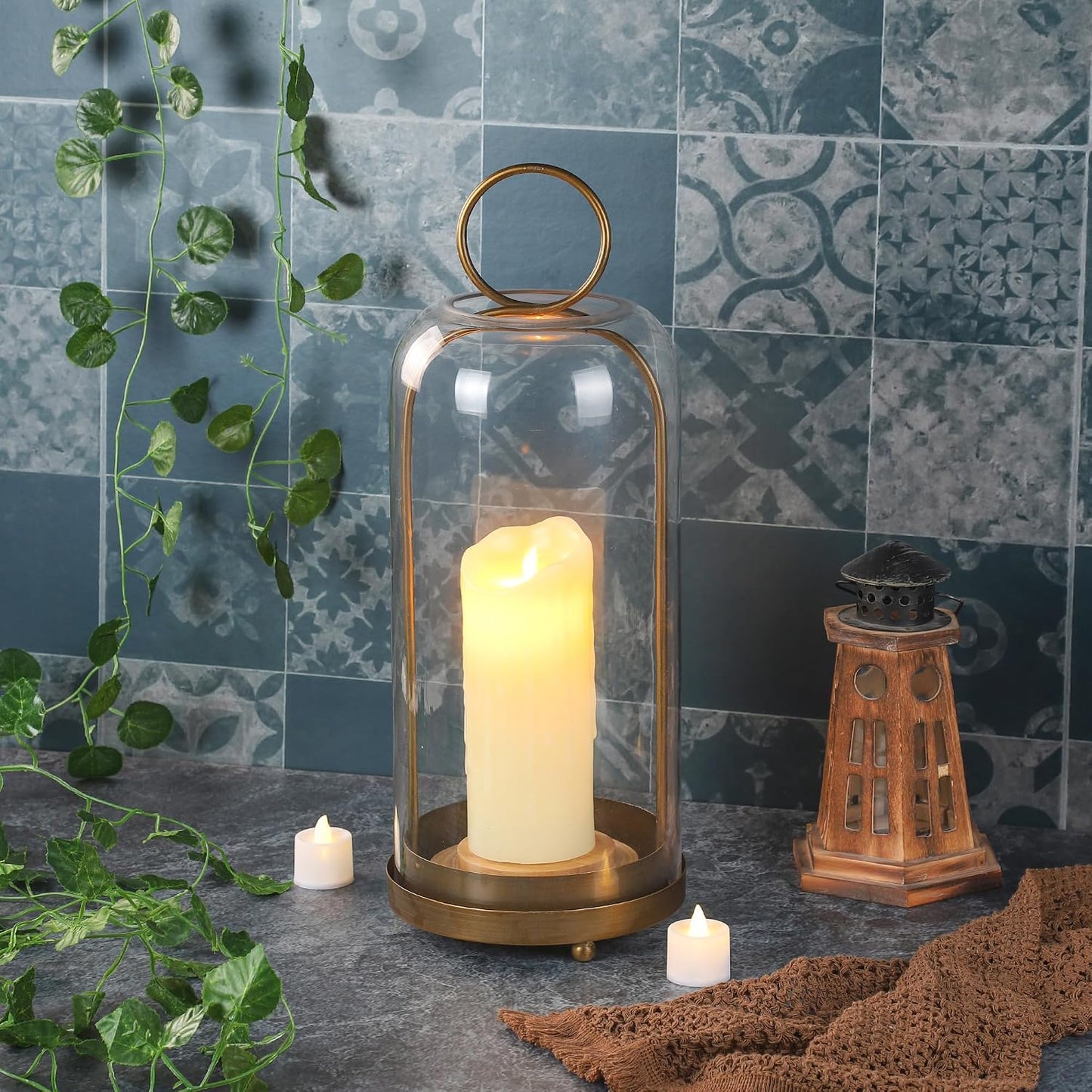 20" High Versatile Modern Metal Hurricane Lantern with Handmade Sturdy Glass Dome in Antique Brass for Pillar Candle &
