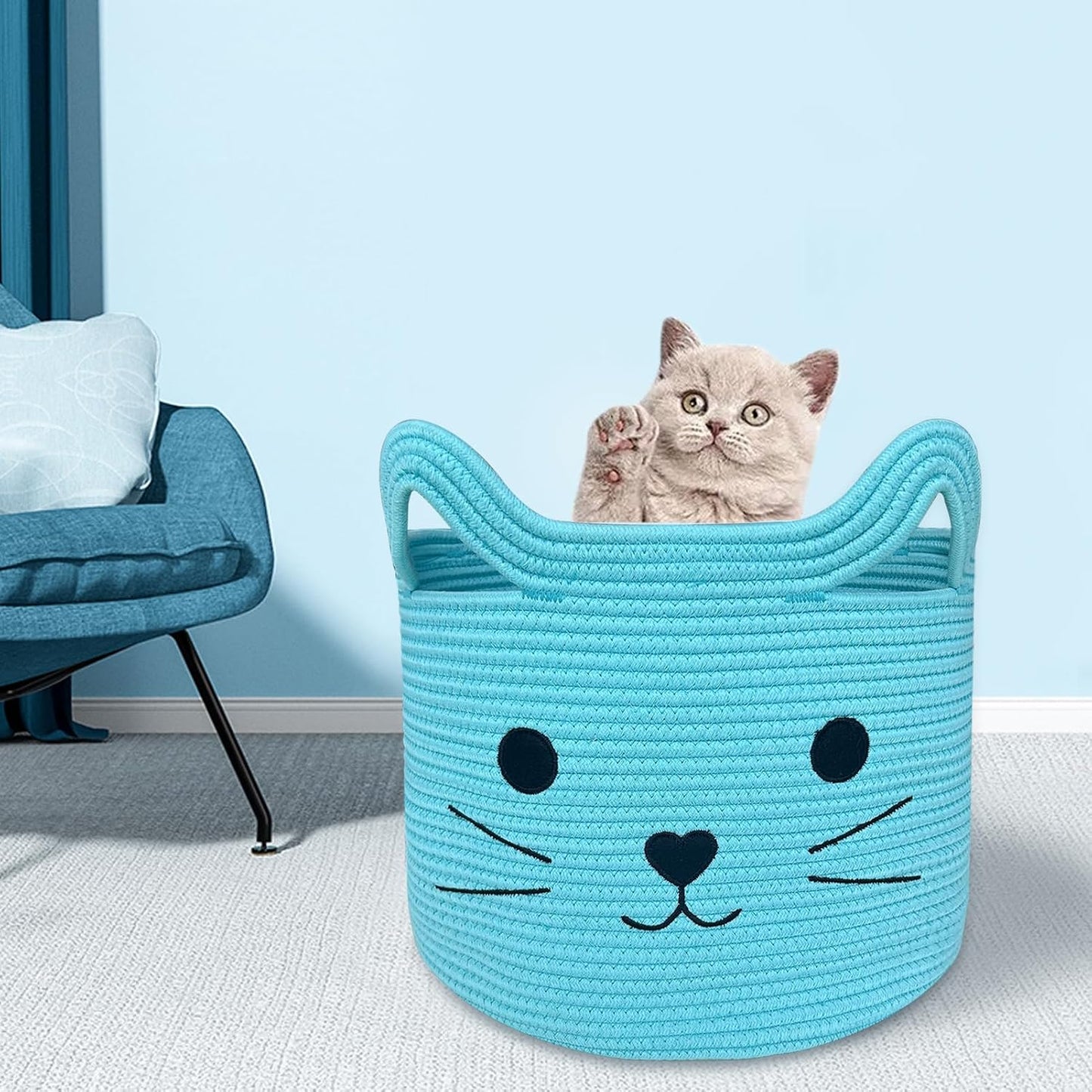Animal Basket / Large Cat Toy Basket / Blue / Blue Cat / 15 Inch