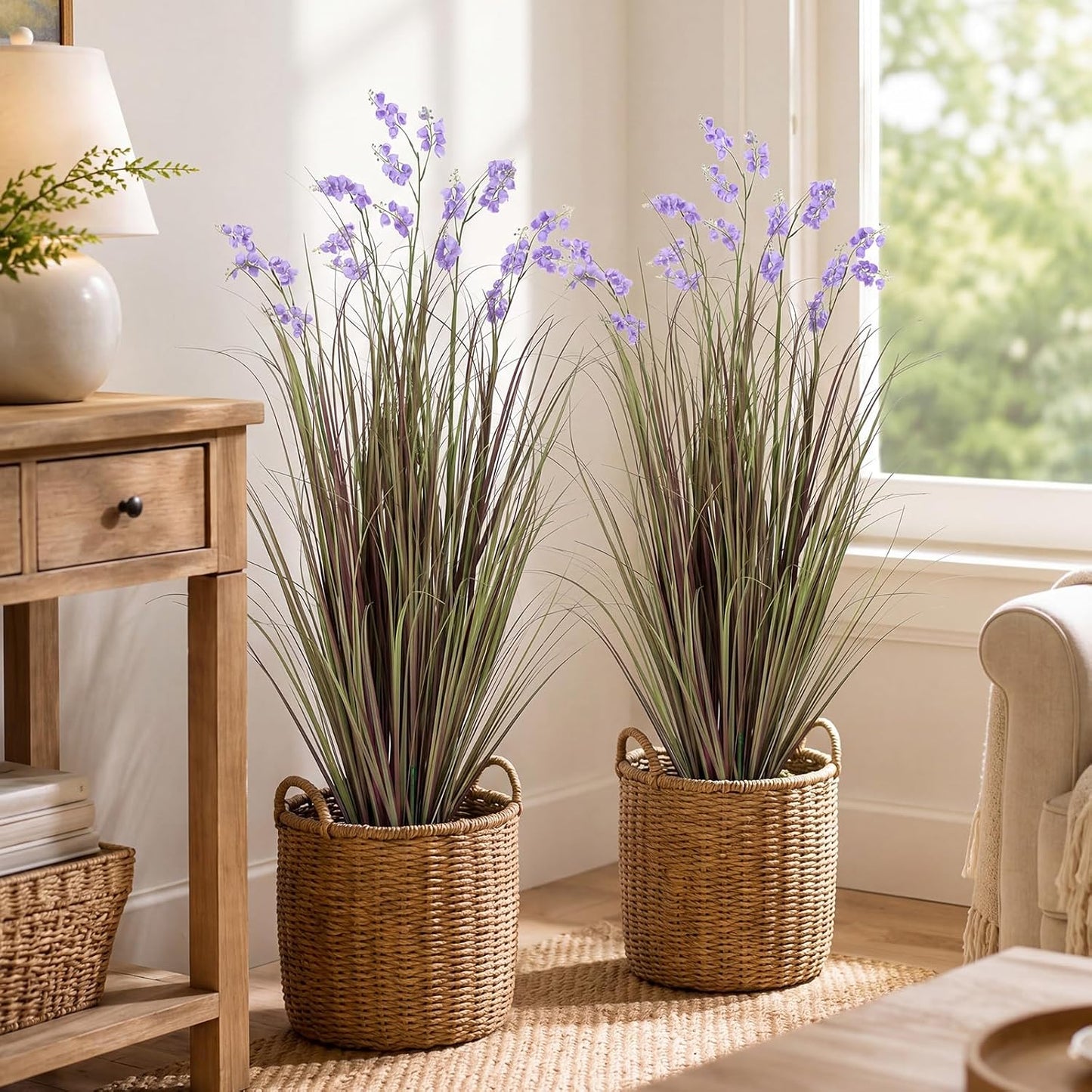 Tall Artificial Grass Plant Potted Artificial Floor Plants / Purple / 4 Ft / Set of 2