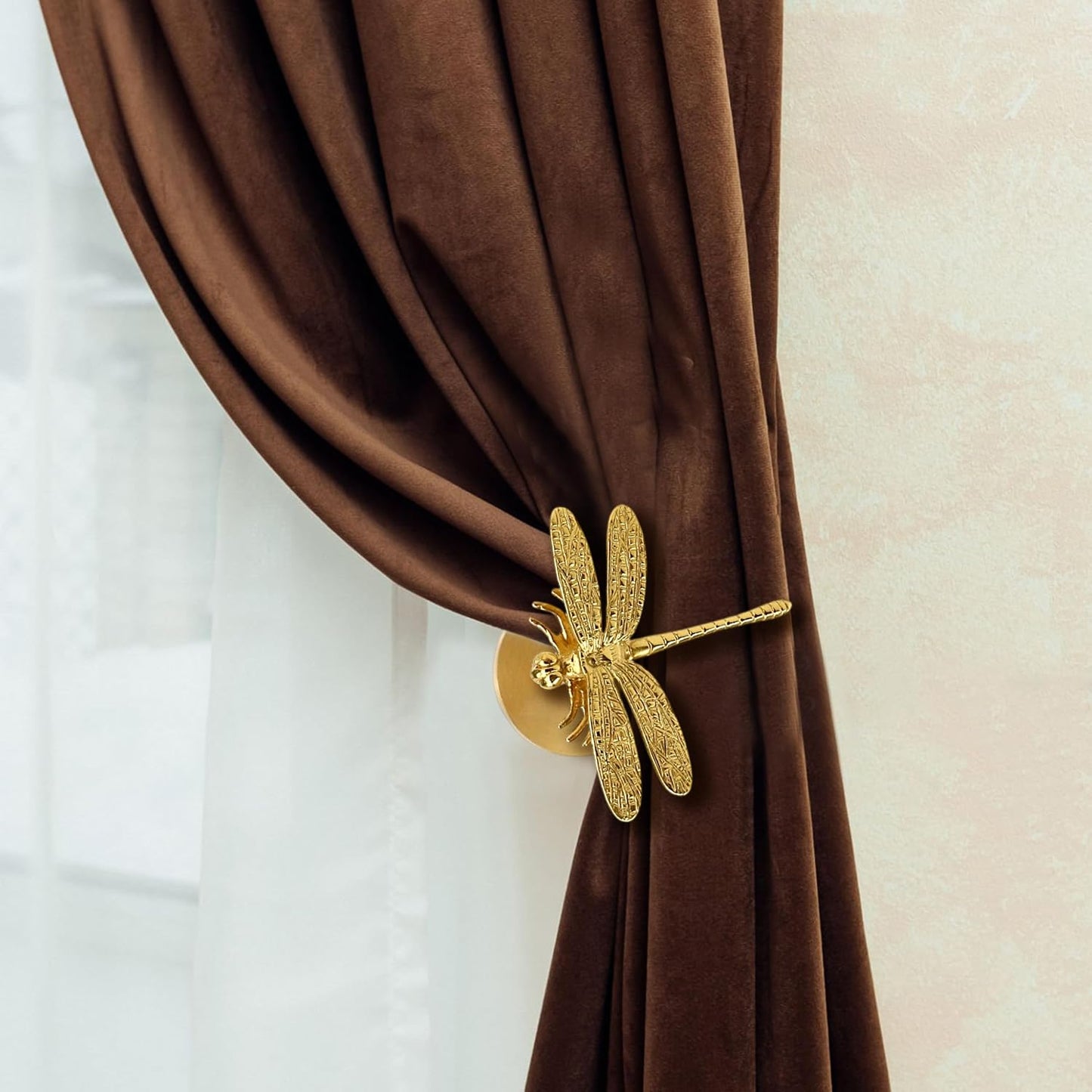 Set of 2 Dragonfly Curtain Holdbacks, Swag Holders for Windows, Antique Brass Curtain Tieback Wall Hook Pull Backs for