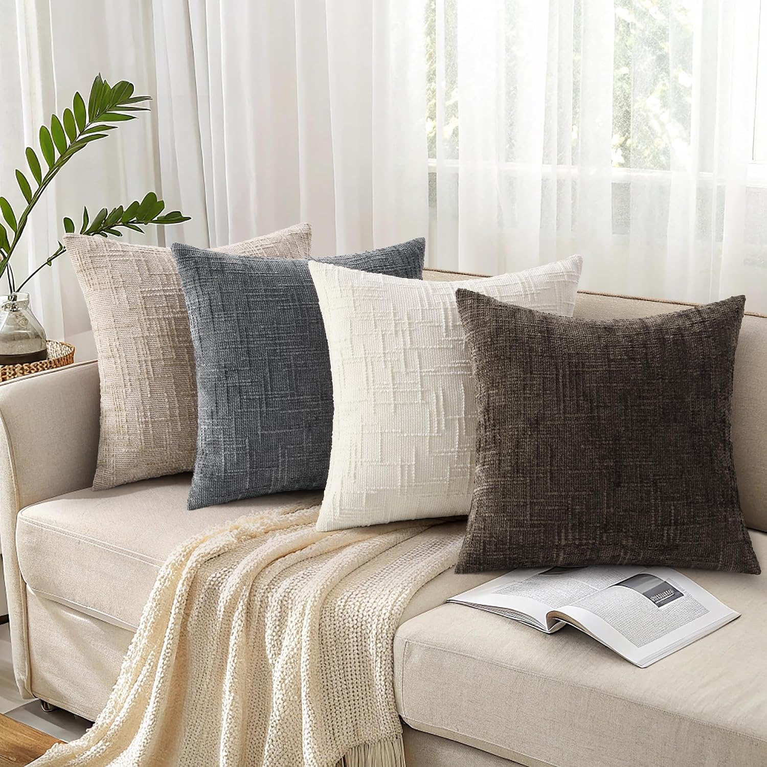 Fall Chenille Throw Pillow Covers Textured Soft Slubby Couch / Dark Brown / 18 x 18 / Set of 2