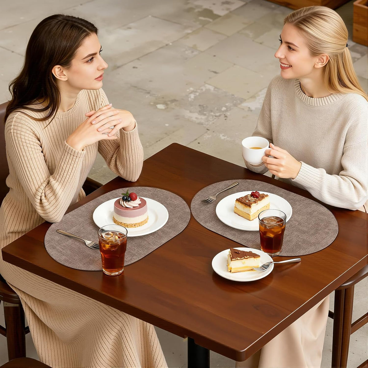 Placemats Set of 6, 11.8 x 17 Inch, Light Brown | Heat Resistant Oval Faux Leather Place Mats, Waterproof Wipeable