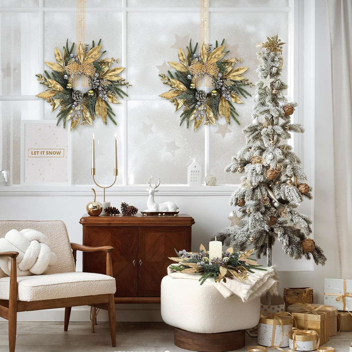6 Pcs Christmas Candle Rings Wreaths Artificial Pine Wreaths with Christmas Balls Golden Twigs and Silver Berries