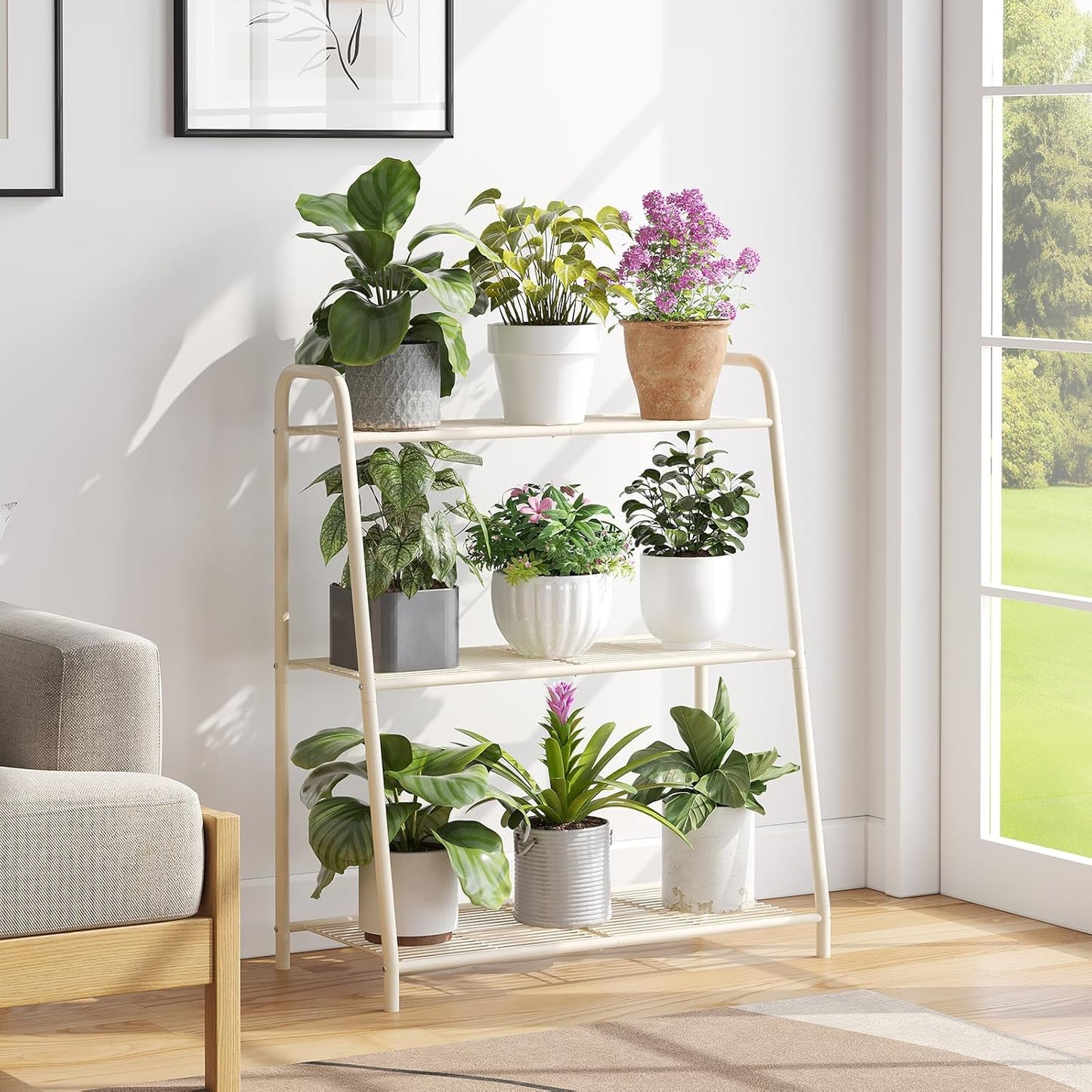 3-Tier Corner Plant Stand, Metal Black Flower Pot Rack, Indoor Outdoor Heavy Duty Shelf (Cream, 3 Tier)