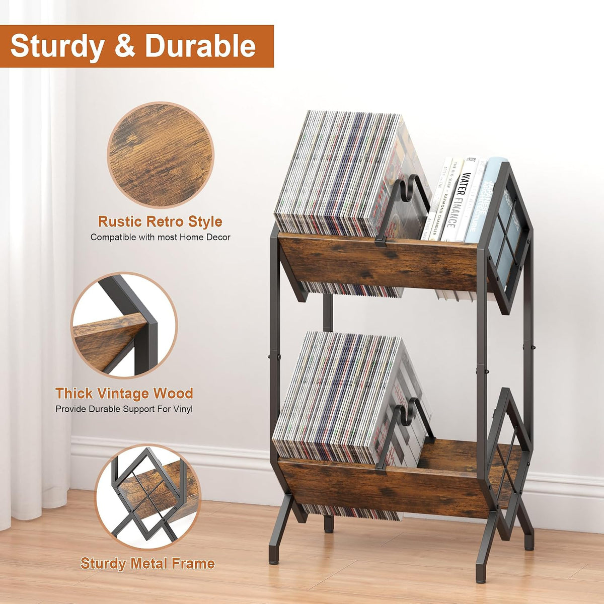 RUILALIFE 2-Tier-Vinyl-Record-Storage-Holder With Dividers, Metal Album storage for vinyl records display Shelf